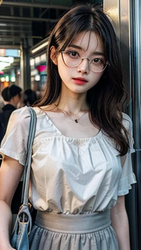 ((Highest quality)), ((masterpiece)), (detailed), One girl, short hair, boyish, rain, Glasses, White shirt, Wet clothes, See-through underwear, Cleavage, Black Mini Skirt, Super big breasts, whole body, sexy, beautiful girl,