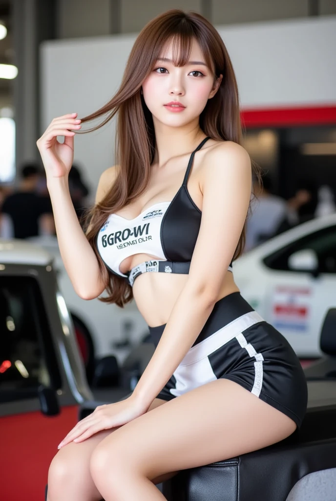 the Extremely Detailed CG Unity 8K Wallpapers, Best Quality, Ultra-detailed, masutepiece, Realistic, photographrealistic, extremely detailed cute girl, 25-years old, 
(Wearing a grid girl costume with sponsor's logo printed on it:1.3), (Mini skirt ) , (Stand in a motorsport race),  , ((Showing panties:1.3)),  (cleavage), blush ,