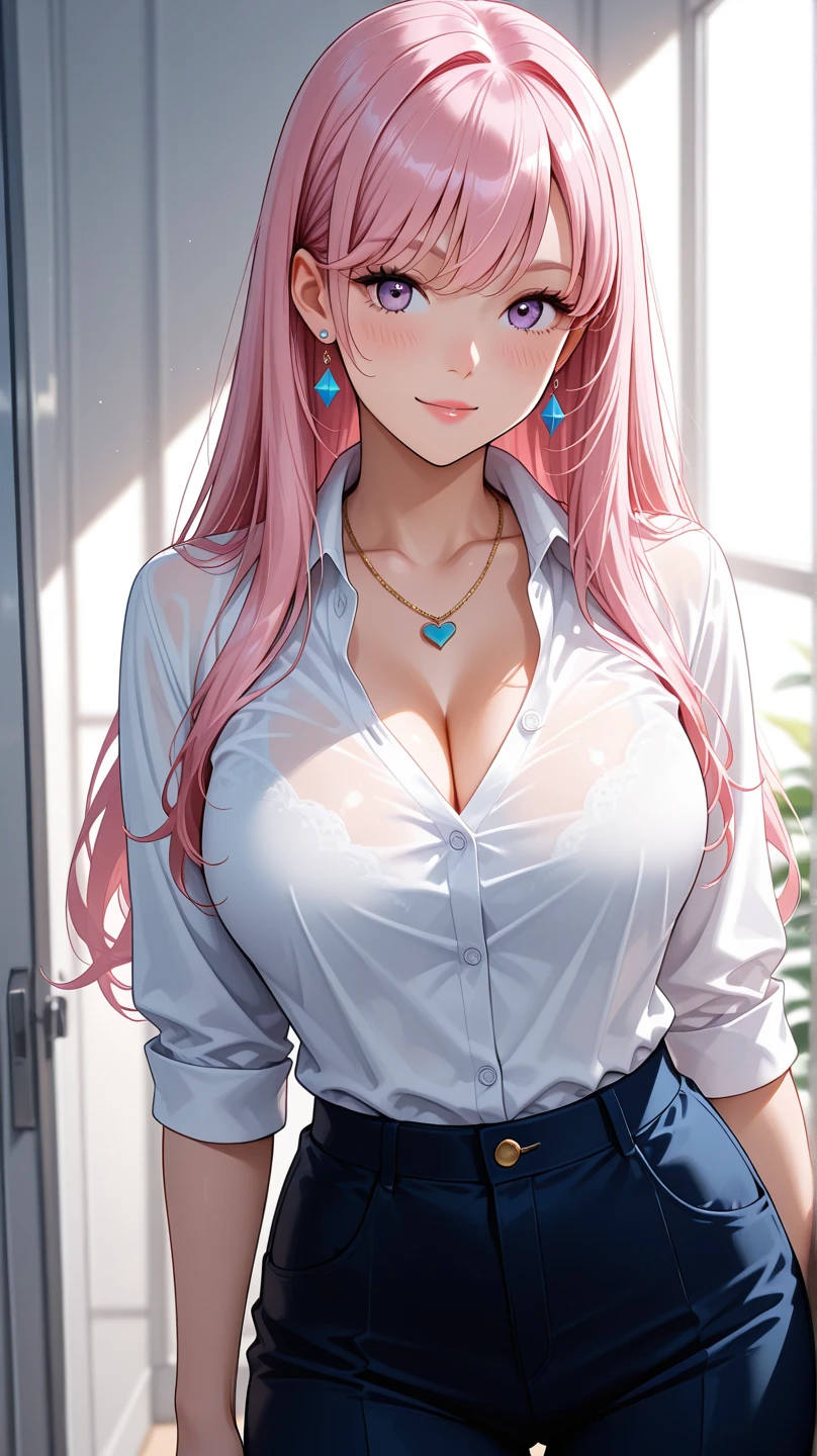 1girl, masterpiece, high quality, sexy, huge breast, bright breasts, looking into camera, safe, sfw, , miyako shikimori, long hair, blue eyes, hair between eyes, pink hair, shining , highschool uniform, cleavage