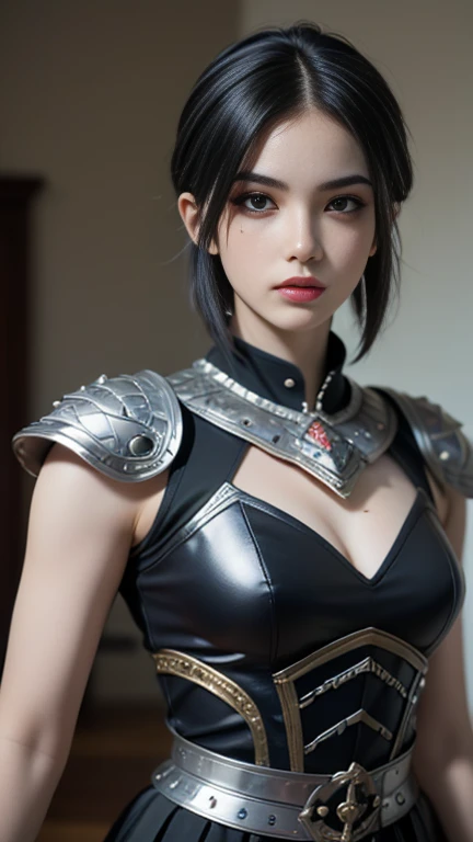 20 year old Japanese beauty,One girl、Muscles like a bodybuilder、Emphasize the breasts、Slit eyes、A head-to-toe view,Bust is very very large、The background is the arena、High quality photos、Clear, crisp images of the lower body、Masterpiece 8k、Face of the upper eye、Silver armor cosplay、Wielding an axe with both hands、Clothes that emphasize the crotch、Wearing glasses、TAKI from Soul Calibur
