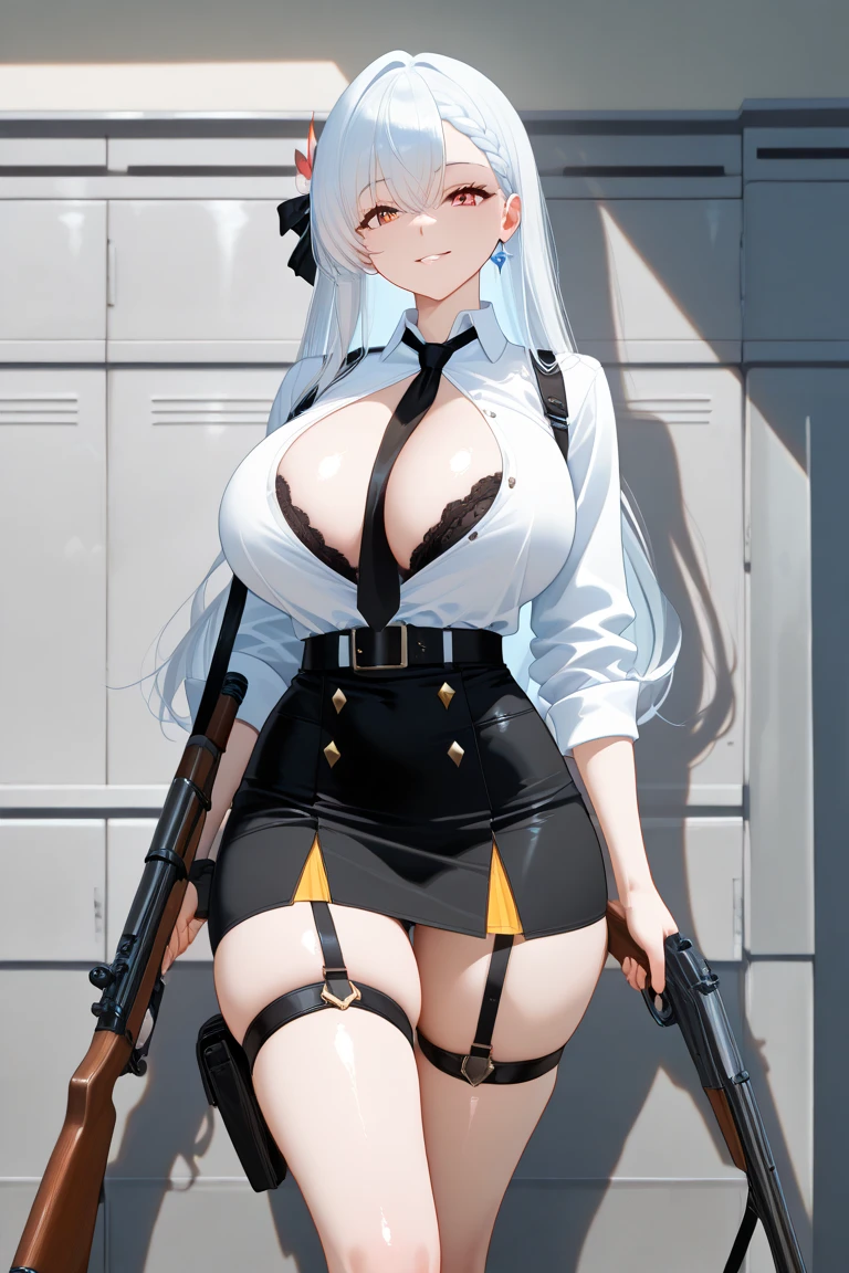 1 anime girl, silver white hair, short hair, panda ears, ((hair covering right eye)), (hair bangs over eye), ice blue eyes, (makeup and eyeliner), sweet smile, extreme curious look on face, large , (medium breasts), ((medium to large cleavage)), sleeveless princess vest, cute black pleated mini skirt, black school thigh highs, loafer shoes, sitting down legs crossed, abandoned school, eerie background, full body fan art.
[[High quality]]
[[Best fan art]]
[[Sexy anime]]
[[Hot anime fan art]].