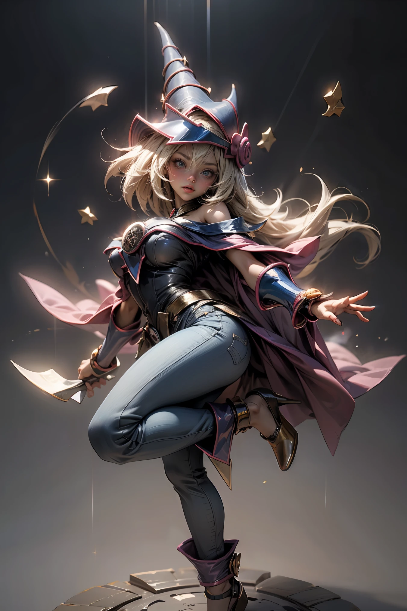 (Masterpiece:1.2), (The best quality:1.2), perfect lighting, Dark Magician Girl casting a spell, smiling. happy. in battle. floating in the air, big and visible tits, wear jeans and heels. transparent neckline, blue robe, big hat, From above, sparkles, Yugioh game, The magic of the heart, romantic heart.