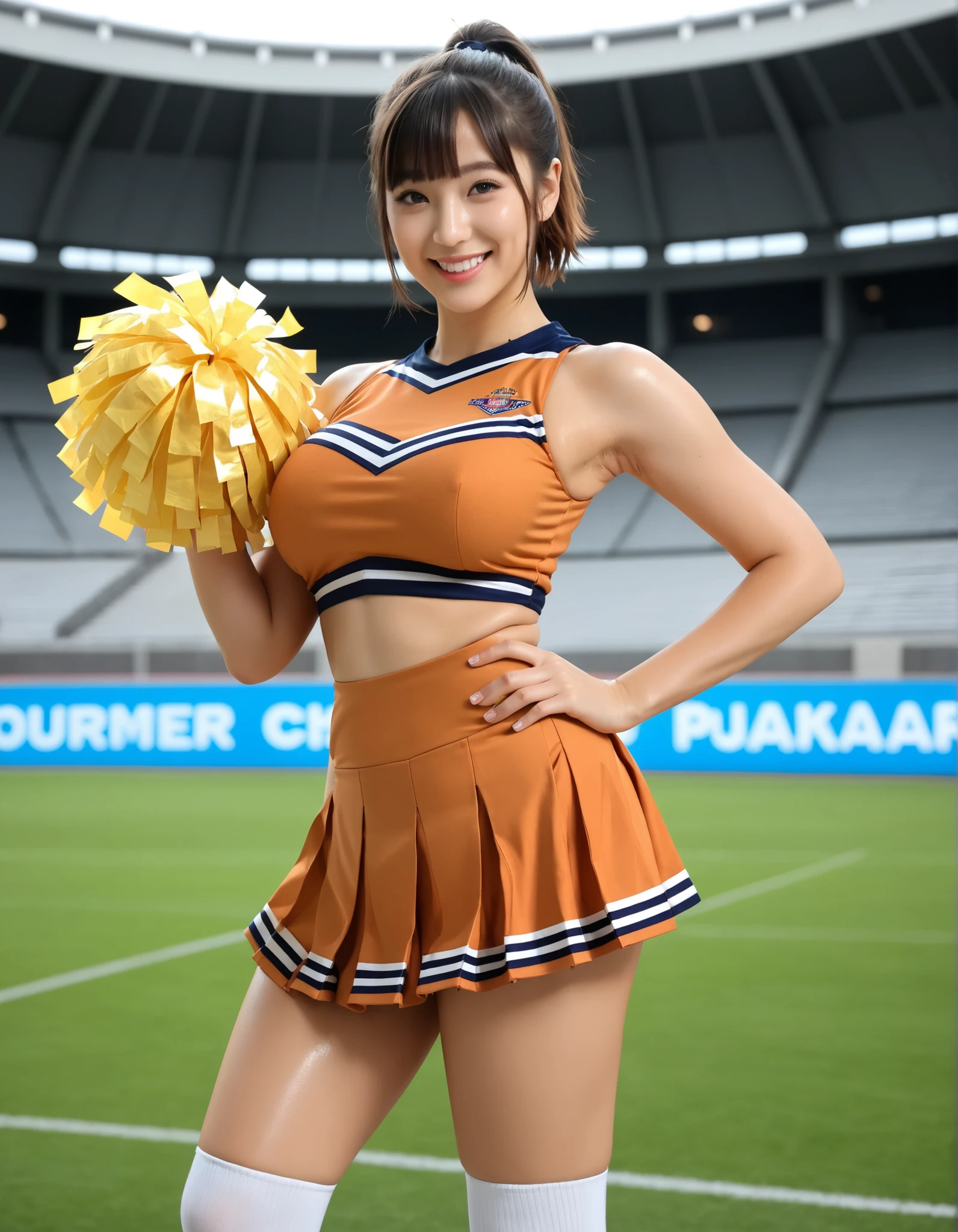 Score_9, Score_8_up, Score_7_up, Score_6_up, Score_5_up, Score_4_up, Source_real, Tag1, Tag2, Anatomically correct, realistic, 1 woman, 22 years old woman, beautiful woman, Highly detailed beautiful face and eyes, Detailed skin, (natural saggy big breast:1.2), big ass, thick thighs, wide hips, curvy, (oiled body:1.2), smile, (short ponytail hair with bangs), (tanned skin:1.1), (cheerleader, orange uniform, sleeveless, big pom-poms, short skirt, Knee high socks), armpits, one hand on hip, cowboy shot, Summer season atmosphere, Being in the football stadium,