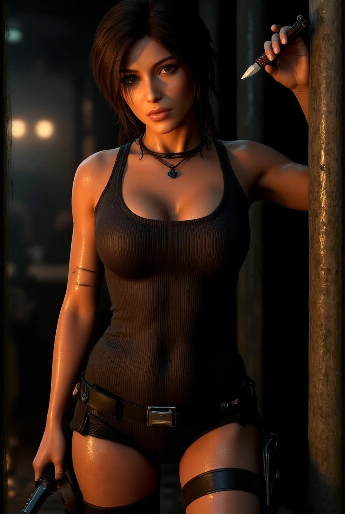 Body top, extremely detailed clothing, black hair, big-breasted girls with cleavage, thin strap-on shirt, bare shoulders, (((photorealism)))), cyber realism, 16k, (1girl), collar, neck chain, kneeling, extremely realistic skin, clothing with details, pair of handcuffs, room with white lights, (((dark room)))