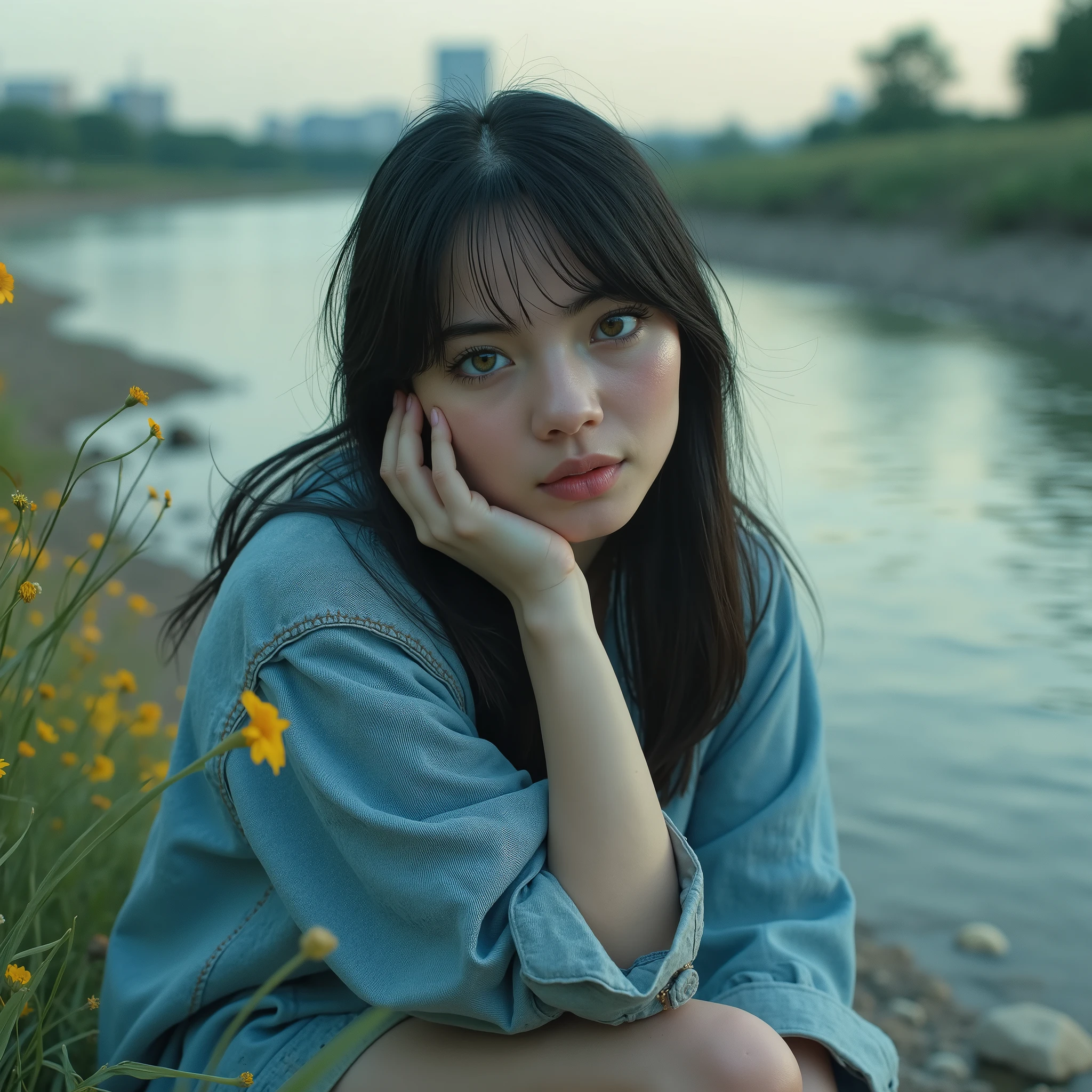 A contemplative young woman sits quietly by the edge of a shallow river, wearing an oversized light blue denim jacket. Her long dark hair flows gently in the breeze, with soft bangs framing her serene face. She rests her cheek on her hand, eyes closed in peaceful introspection. The background reveals a calm river flowing through pebbled shores, with lush green vegetation and scattered yellow wildflowers. Urban buildings rise distantly on the horizon, contrasting subtly with the natural foreground. Captured in soft daylight, the mood is calm and melancholic. The color palette includes soft blues, muted greens, and warm highlights, evoking a sense of poetic solitude. Shot in a cinematic, documentary style, with natural lighting, fine textures, shallow depth of field, and a timeless atmosphere. Inspired by Rinko Kawauchi, Hiroshi Sugimoto, and Wong Kar-Wai. Ambient emotional portrait photography, 35mm lens effect, high resolution, subtle bokeh.