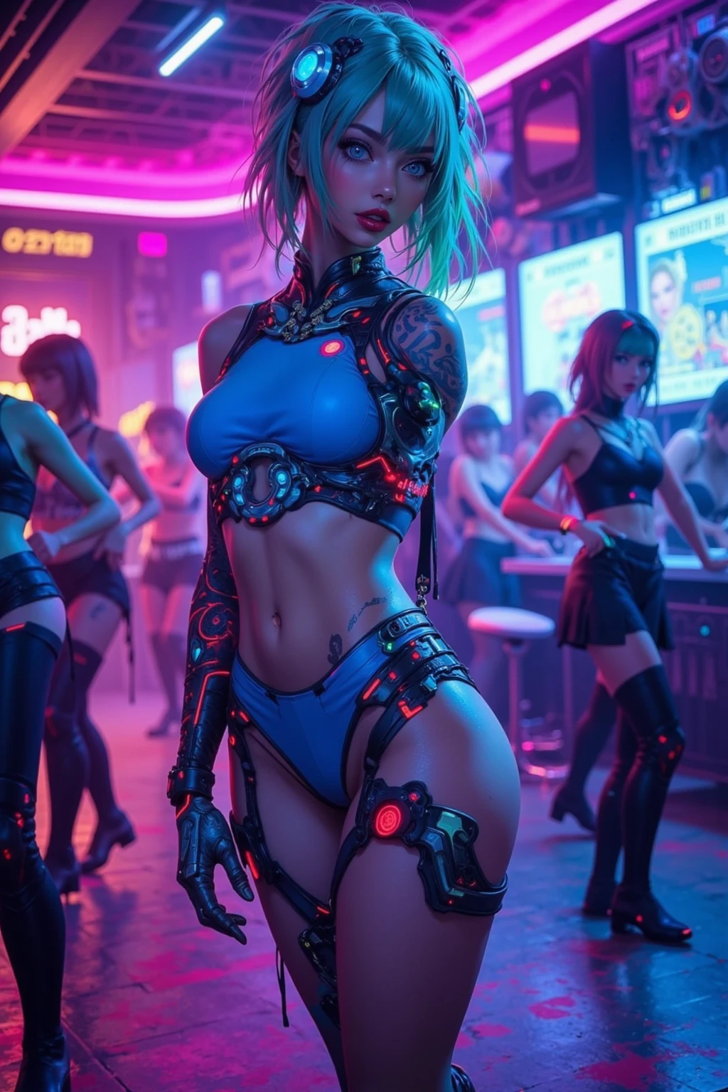 A highly detailed, cyberpunk-themed image of a cybernetic catgirl dancing in a neon-lit strip club. She has sleek, high-tech cybernetic enhancements, including cat-like ears, a mechanical tail, and glowing eyes. Her outfit is futuristic and revealing, with neon accents that match the vibrant lights of the club. The scene is filled with dynamic lighting, casting colorful reflections off her metallic features. The background features a lively crowd and holographic displays, enhancing the futuristic, edgy atmosphere of the cyberpunk world