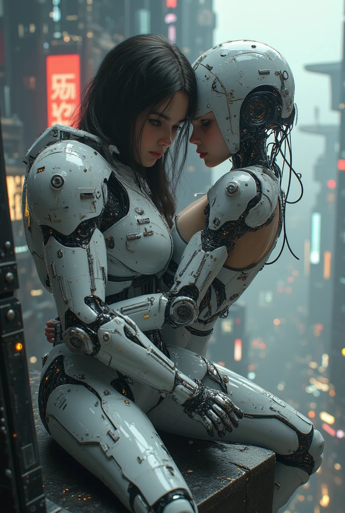 The love affair between two cyborgs in the big city, high quality, best quality, absurdres, masterpiece, beautiful, intricate details, 1/2 body crop, slim body, beautiful figure, magnificent anatomy, (intricate details:1.12), HDR, (intricate details, hyper-detailing:1.15), (natural skin textures, hyper realisitc, soft light, Sharp:1.2)