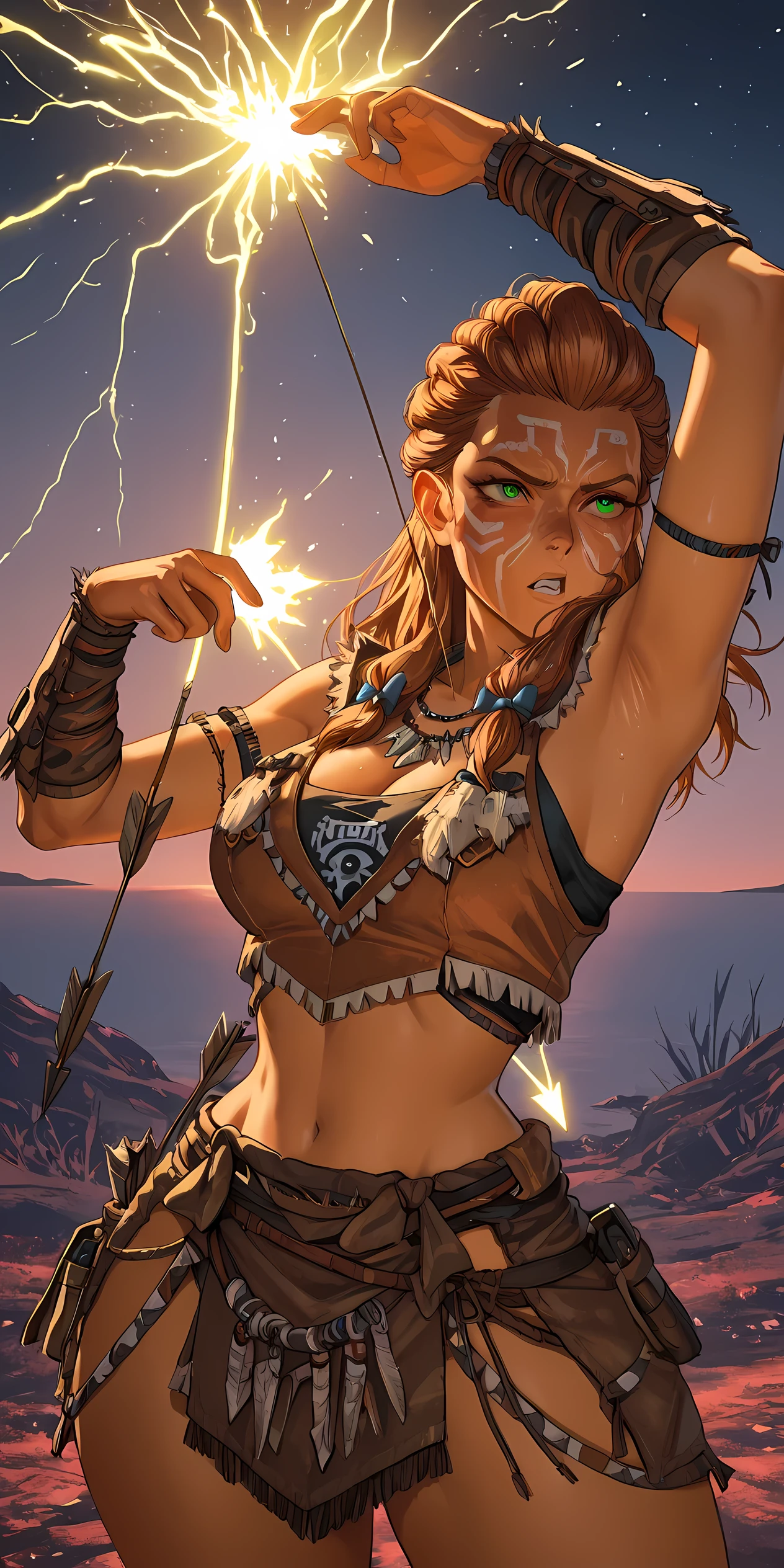 masterpiece,(((horizon forbidden west))), 1girl, , Aloy, horizon zero dawn, green eyes,cleavage, focus face,neon lights, hold up a bow,hard prehistoric t,cyberpunk,((((tribal outfit)))),Melee,Madness,danger,(((focus face))),Flaming,Get shot,The person who blows away,cinematic composition, colorful lightning and flying black petals ,Swirling Space ,Dramatic, beautifully detailed ,complicated details, dramatic lighting, cowboy shot, best quality, highres icon, highly detailed, (((sleeveless))) (((wide ))) (((showing armpits))) (((with a bow arrow))) (((visible legs))) (((action pose)))
