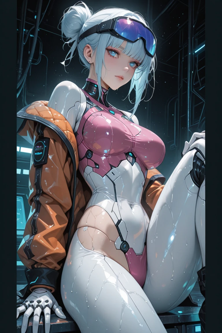((hyperrealism)), (((Fisheye photo of upper body))), ((from below fisheye angle)),( Lucy \(cyberpunk\) ), 1 girl, (((skinny model girl))), (((face portrait))), perfect model face, Oval face, sharp chin, small and sharp nose, bright nose tip, cheeks with bright blush,(((snowing))) ((((Grandes Open eyes realistas)))), shy face, (((Emberressed blushing face:1))), ((baggy eyes:1.2)), hits, (((tight and tight neckline:1))), short bob haircut with long hits, blue fur, colored tips, grey eyes, Jacket, long sleeves, looking at the viewer, medium hair, face portrait, multicolor fur, (((huge breasts))), (((open neckline))), (((thin and thick thighs))), (((thin and thin waist:1))), hair flying up, Chapped lips, parted hits, Open eyes, pink hair, portrait, ((red eyeliner)), Full and shiny lips, Alone, white Jacket, cyberpunk \(series\), cyberpunk edgerunners, (((wet skin)))
