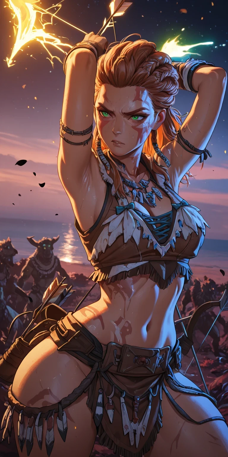 masterpiece,(((horizon forbidden west))), 1girl, , Aloy, horizon zero dawn, green eyes,cleavage, focus face,neon lights, hold up a bow,hard prehistoric t,cyberpunk,((((tribal outfit)))),Melee,Madness,danger,(((focus face))),Flaming,Get shot,The person who blows away,cinematic composition, colorful lightning and flying black petals ,Swirling Space ,Dramatic, beautifully detailed ,complicated details, dramatic lighting, cowboy shot, best quality, highres icon, highly detailed, (((sleeveless))) (((wide ))) (((showing armpits))) (((with a bow arrow))) (((visible legs))) (((action pose)))