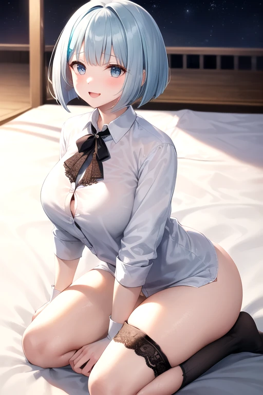 (photorealistic:1.8, highest quality:1.8,8K masterpiece:1.8,High resolution,muste piece:1.8,RAW Photos,cinematic lighting),No split screen, indoor、modern bedroom、window、morning、Awakening、 (1 android girl:1.3)、Completely naked、choker、beautiful breasts、T-shirt、beautiful butt、beautiful thighs、plump nipples、(Nipples visible through clothing)、cameltoe、
Pulling on shirt、
(Beautiful shining blue-white hair:1.5)、shining blue eyes