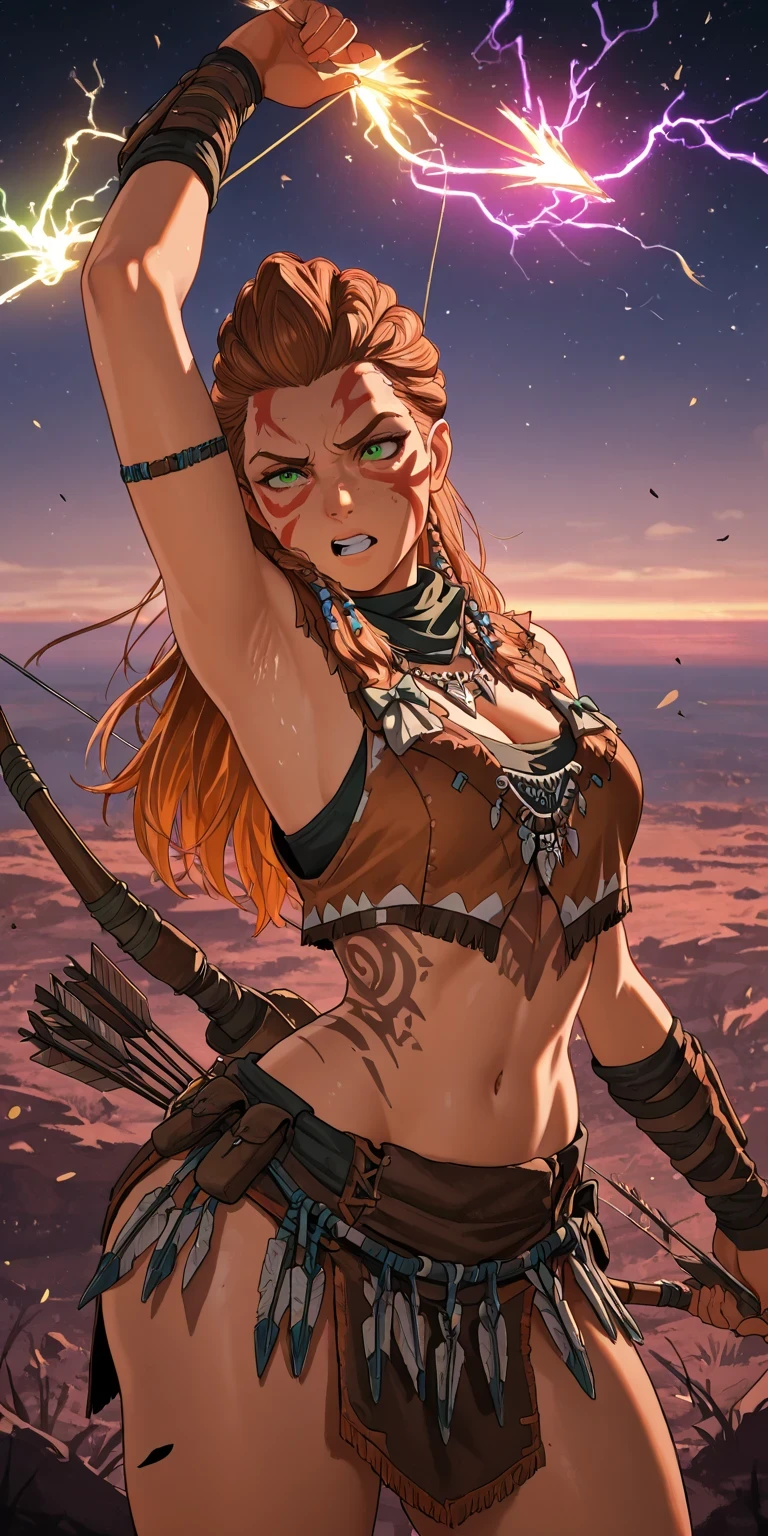 masterpiece,(((horizon forbidden west))), 1girl, , Aloy, horizon zero dawn, green eyes,cleavage, focus face,neon lights, hold up a bow,hard prehistoric t,cyberpunk,((((tribal outfit)))),Melee,Madness,danger,(((focus face))),Flaming,Get shot,The person who blows away,cinematic composition, colorful lightning and flying black petals ,Swirling Space ,Dramatic, beautifully detailed ,complicated details, dramatic lighting, cowboy shot, best quality, highres icon, highly detailed, (((sleeveless))) (((wide ))) (((showing armpits))) (((with a bow arrow))) (((visible legs))) (((action pose)))
