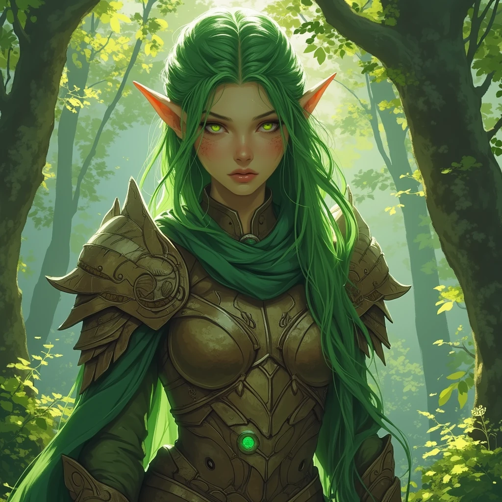 (masterpiece), best quality, expressive eyes, perfect face, Elf, Woman, Very pale white skin, Small breasts, Pointed ears, Long Straight Dark green hair, Bright Green Eyes, Black lips, Black Eyeshadow, Wearing green leather armor, Posed leaning against a tree, Pinup, Fantasy Elven forest background