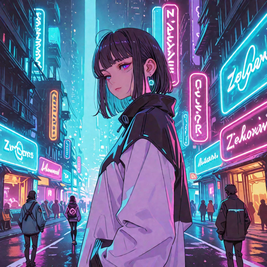 highest quality, 4k wallpaper, masterpiece, Highly detailed CG 8k wallpaper unit, Highly detailed eyes, Ultra-detailed, Intricate details, One Girl, Retro art style, Neon Art Style_pop, public, outside of home, road signs, city,skin_black, Open jacket, Put your hands in your pockets,Big ample breasts,sunglasses