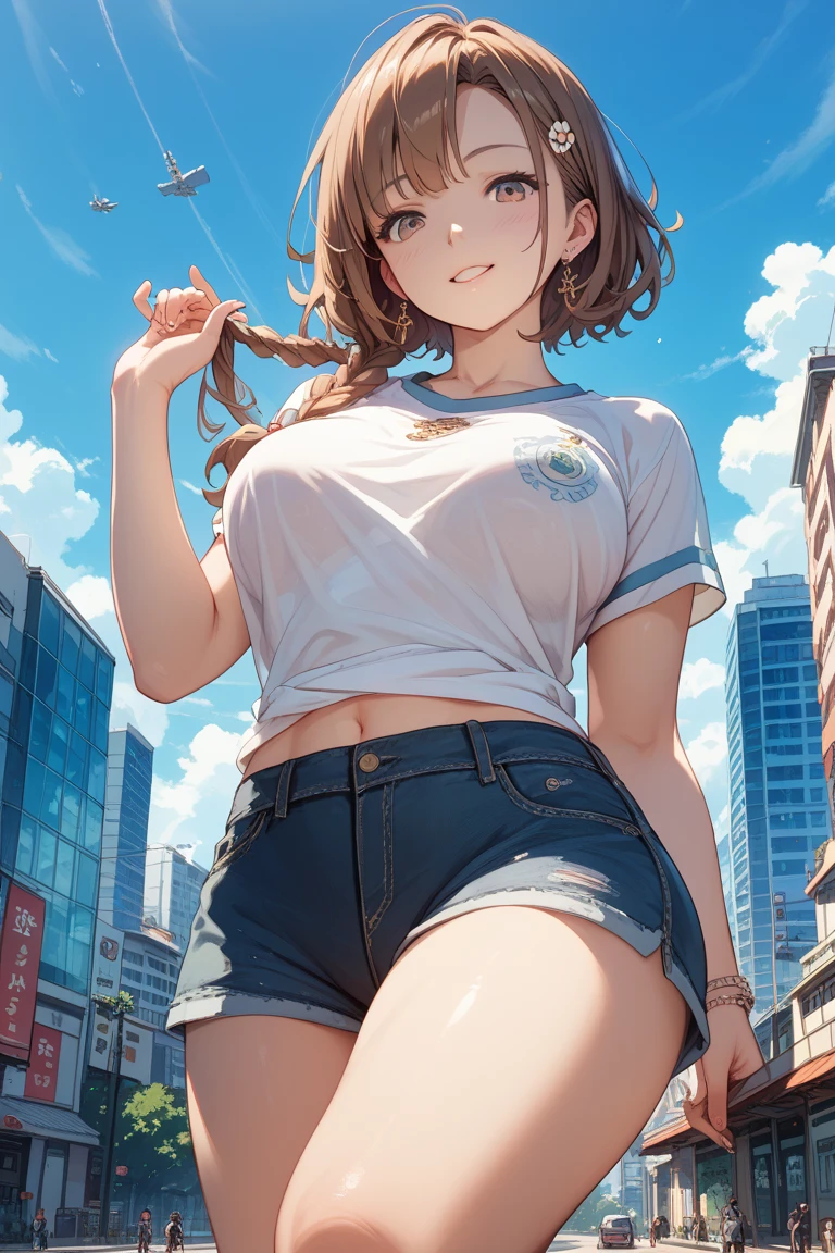 masterpiece, best quality, cowboy shot, kunikida hanamaru, medium breasts, looking at viewer, v-neck shirt, jeans, outside