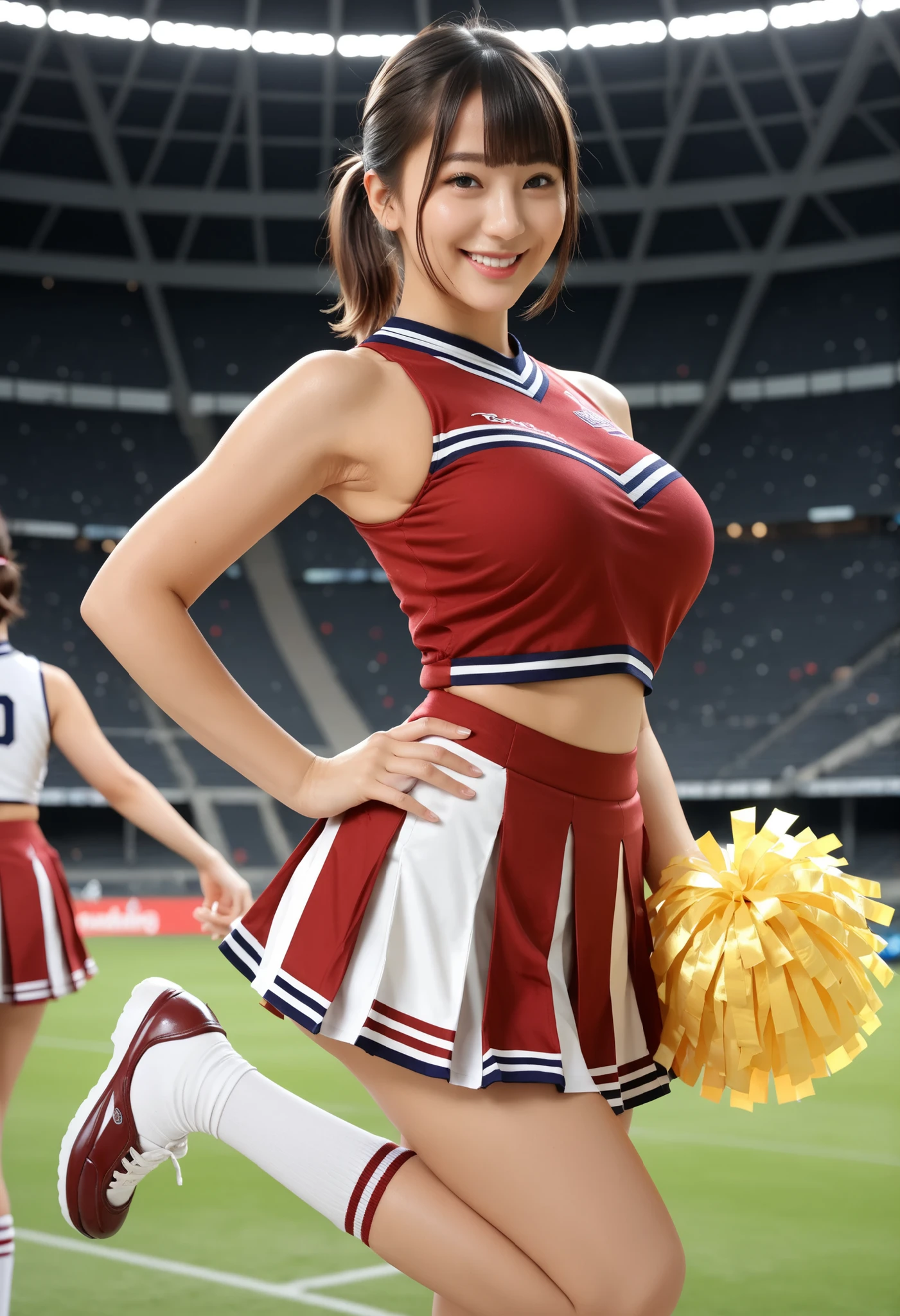 (8K, RAW Photos, Highest quality, Tabletop:1.2 (Realistic, Photorealistic:1.37),One Girl, Professional Lighting, Photon Mapping, Radio City, RAW Photos、(Photorealistic:1.4)、Octane Rendering、Complex 3D rendering with ultra-detail, Studio Soft Light, Rim Light, Vivid details, Super Detail, Realistic skin texture, Detailed aspect, Beautiful details in the eyes, Highly detailed CG Unity 16k wallpaper, compensate, (Detailed Background:1.2),Highest quality, Ultra-high resolution, Tabletop, One Girl,Brown Hair,(short hair), 20-year-old,((Colorful cheerleader costumes、Cheerleader Outfits)), Cute face、((Pleated skirt))、Nogizaka Idol、Chinese Idol、Japan is an idol、((Cleavage)),Smile