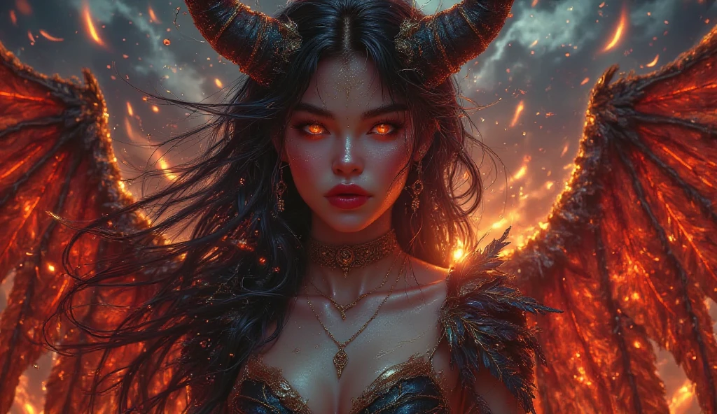 (highest quality,4K,8K,High resolution,masterpiece:1.2),super detailed,(realistic,photorealistic,photo-realistic:1.37),portrait,anime,red & black color palette, dramatic lighting,Female ghosts,big,sharp,fierce horns,spinning around,Missing shot,Gold Club, Strenuous movements,Energetic expression,splash of gold sparks,Shrouded in a dark fog,striking contrast between the red skin and black hair,Impactful composition, intense atmosphere