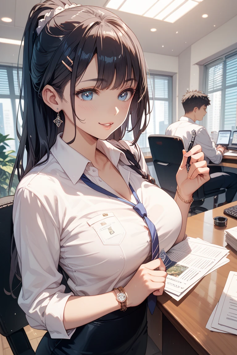 (a receptionist woman holding her breast with her hands), small breast,