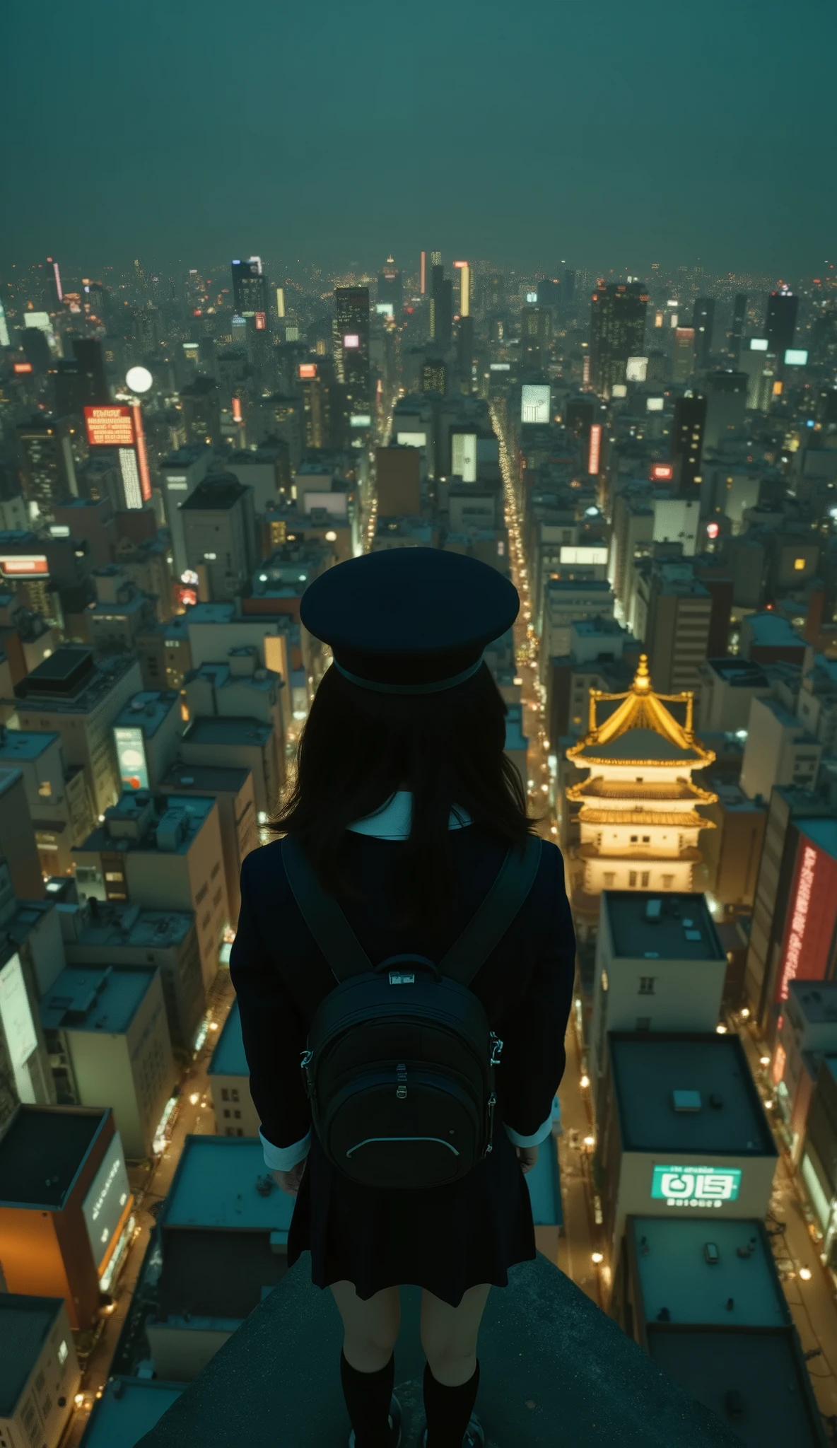 live-action、Genuine、 The cityscape of Osaka taken from a high place with a fisheye lens、It looks like a small planet、Osaka Castle、Night view with lights、A cute and beautiful Japanese girl is standing on top of a tower 、uniform、 viewers