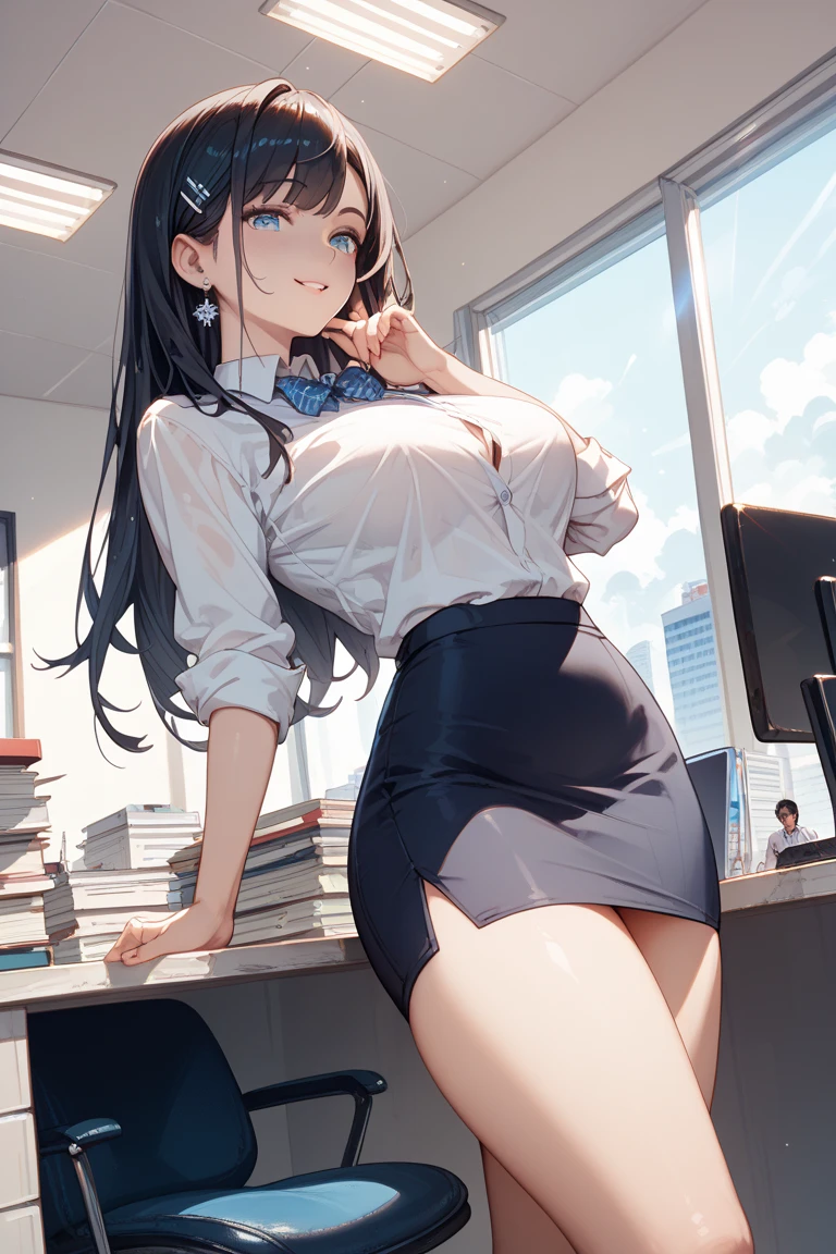 ((s Office、In the company、office building、Office、Beauty Secretary)), unparalleled masterpiece ever, Perfect Artwork, ((a beautiful slender girl、A slender、Perfect female figure)), maturefemale, Narrow waist, Looking at Viewer, Kamimei、enchanting posture, clean, Beautiful face, Pure face, Shiny skin, Delicate pattern, 1girl in, White see-through blouse、greys_hair, up looking_で_viewer, Small_breasts, Shaved_, Light blue_ascot, Light blue_Rose, Short_hair, Shoulder_armor, Smile, Solo, ((Navy Blue Mini Pencil Skirt、high-heels、full body Esbian))、NSFW、embarrassed from、blush、Beautiful when you remove the bra、show off panty、Beautiful nipple、unbuttons、Spread your legs apart、Lie on your desk