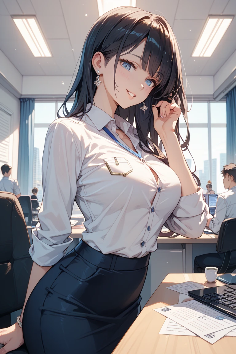 Long Hair, ponytail, Large Breasts, Cinematic light effects, Office Lady Working
