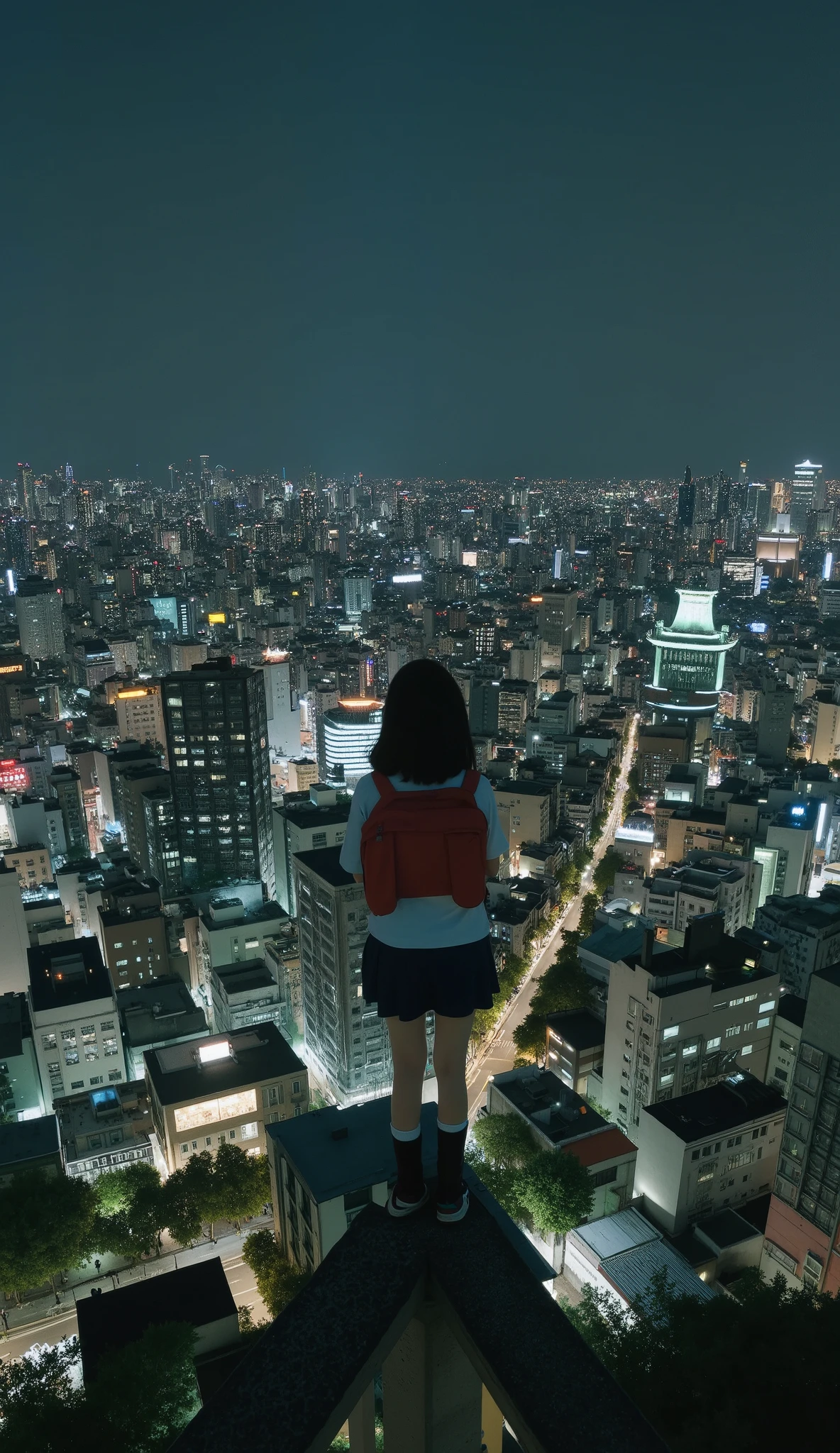 live-action、Genuine、 The cityscape of Osaka taken from a high place with a fisheye lens、It looks like a small planet、Osaka Castle、Night view with lights、A cute and beautiful Japanese girl is standing on top of a tower 、uniform、 viewers
