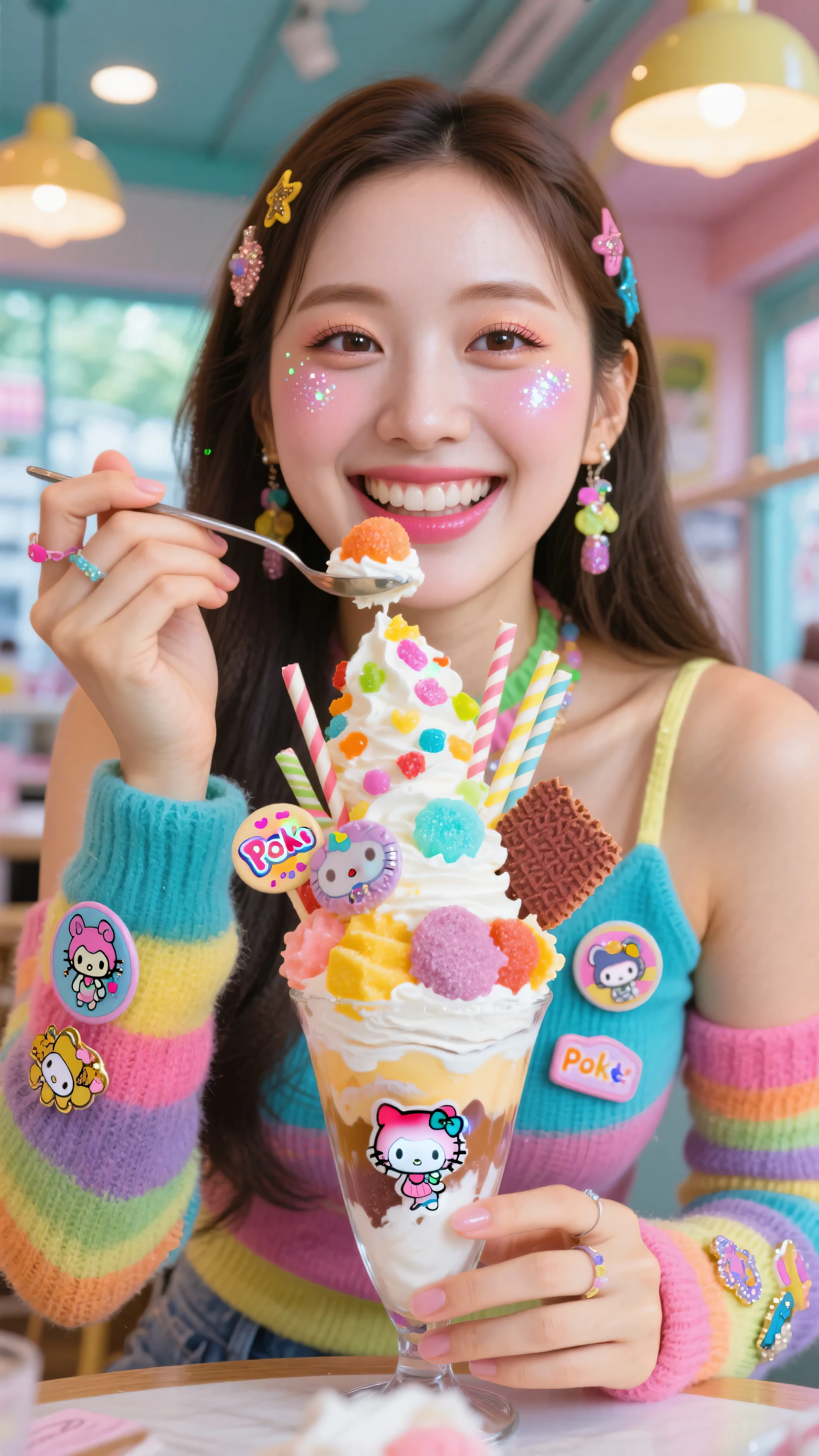 Masterpiece, Top Quality, beautiful Korean woman, clear skin, wearing layered colorful Decora tops, arm warmers with many badges and pins, bright makeup, glitter on cheeks, POV shot, she is holding a tall elaborate Harajuku parfait, overflowing with colorful toppings, cream, Pocky, cute character wafer, offering a spoonful to viewer with sweet inviting smile, bright cheerful cafe lighting, close-up shot.