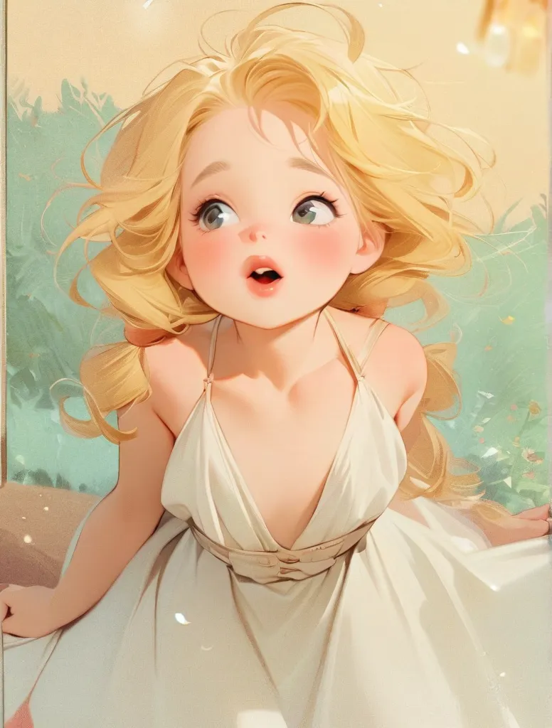 Generates a woman with very white skin, thin pink mouth, by the laugh, blonde with a straw tone , mid back hair, hazel eyes, pink cheeks and have ankles on your face naturally, shadows, sparkles, in blue yellow and pink, Curly hair, ash blonde hair, natural pale pink lips, Plump, bushy eyebrow, whole body, in front of a lake, long white dress, bare shoulders, 1820