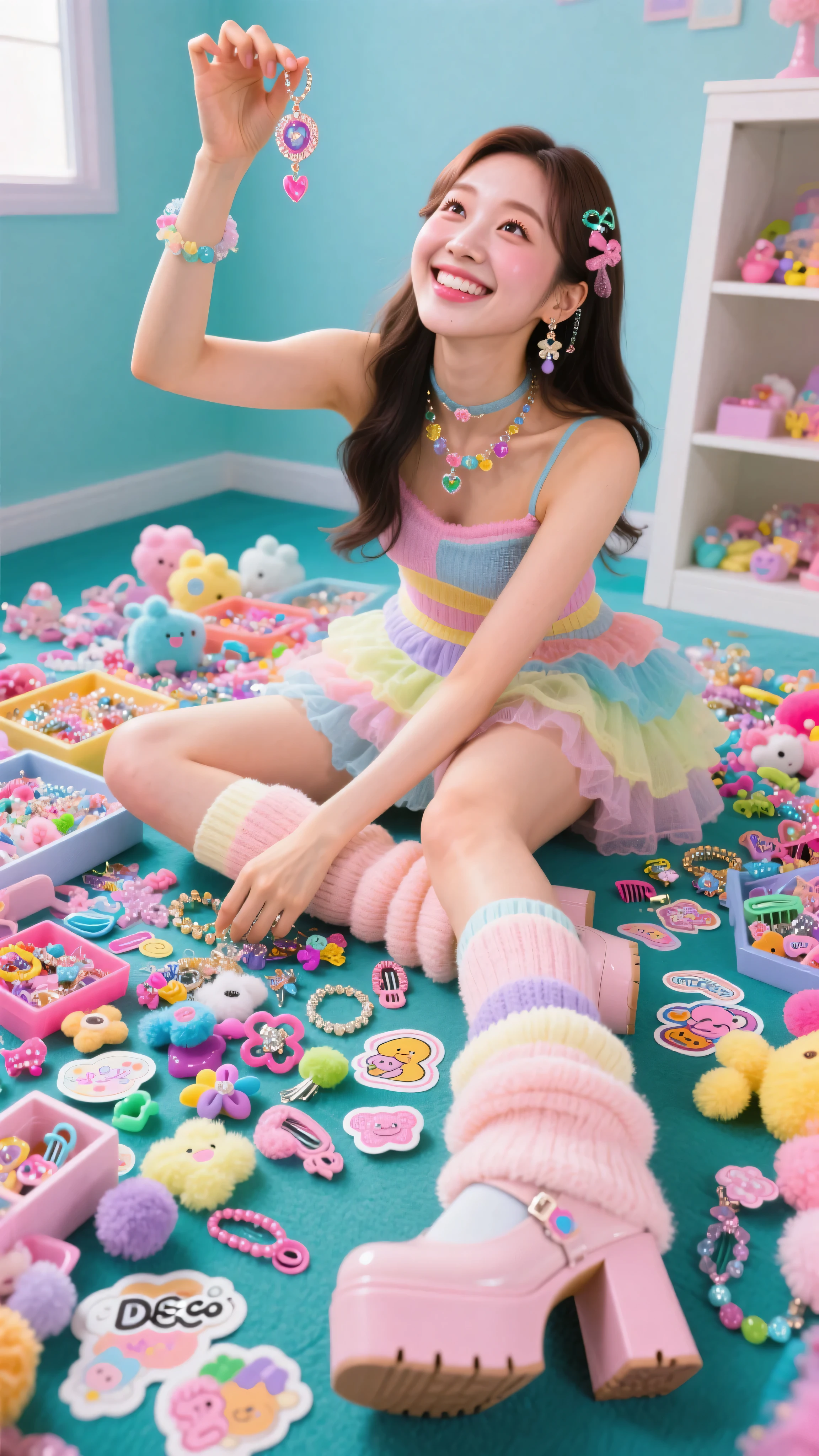 Masterpiece, Top Quality, beautiful Korean woman, clear skin, wearing full Decora attire, layers, leg warmers, platform shoes partially visible, sitting on floor amidst her colorful explosion of plastic jewelry, hair clips, plush charms, stickers, happily organizing collection, looks up at viewer (POV) with bright smile, holding up favorite piece, bright even room lighting, high angle POV, medium shot.
