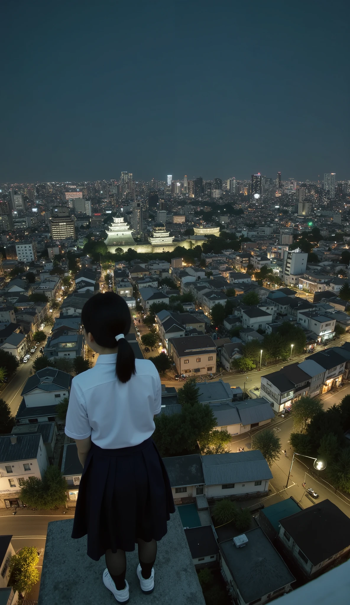 live-action、Genuine、 The cityscape of Osaka taken from a high place with a fisheye lens、It looks like a small planet、Osaka Castle、Night view with lights、A cute and beautiful Japanese girl is standing on top of a tower 、uniform、 viewers