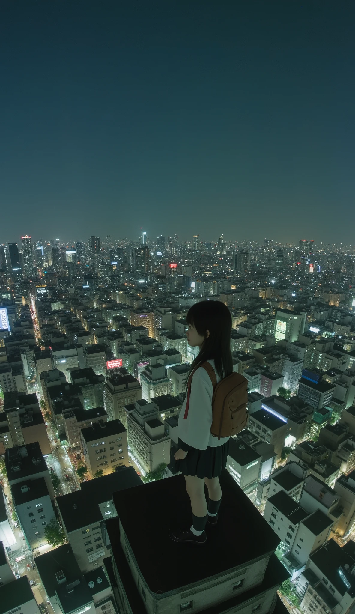 live-action、Genuine、 The cityscape of Osaka taken from a high place with a fisheye lens、It looks like a small planet、Osaka Castle、Night view with lights、A cute and beautiful Japanese girl is standing on top of a tower 、uniform、 viewers