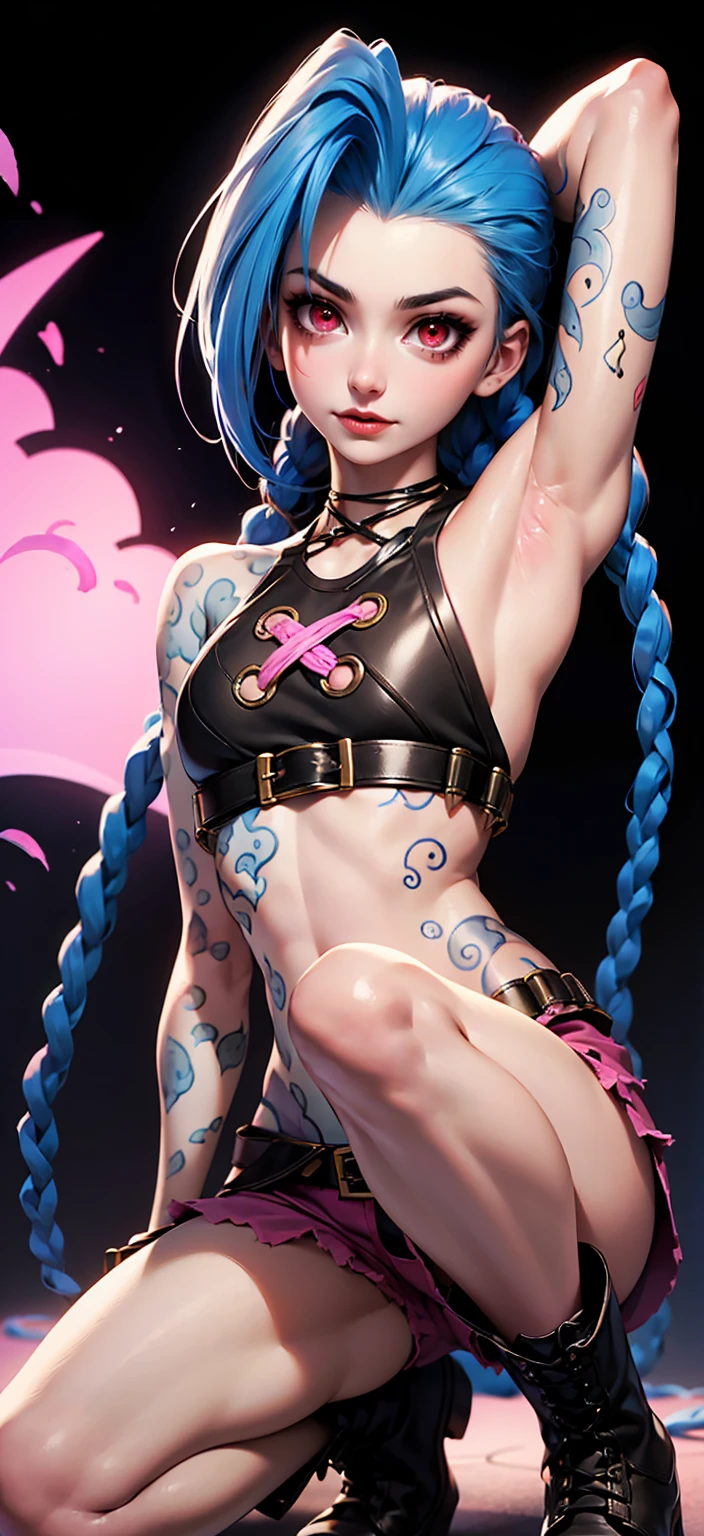1girl, solo, masterpiece, best quality, detailed, narrow waist, wide hips, huge breasts, huge ass, score_9, score_8_up, score_7_up, jinx (league of legends)