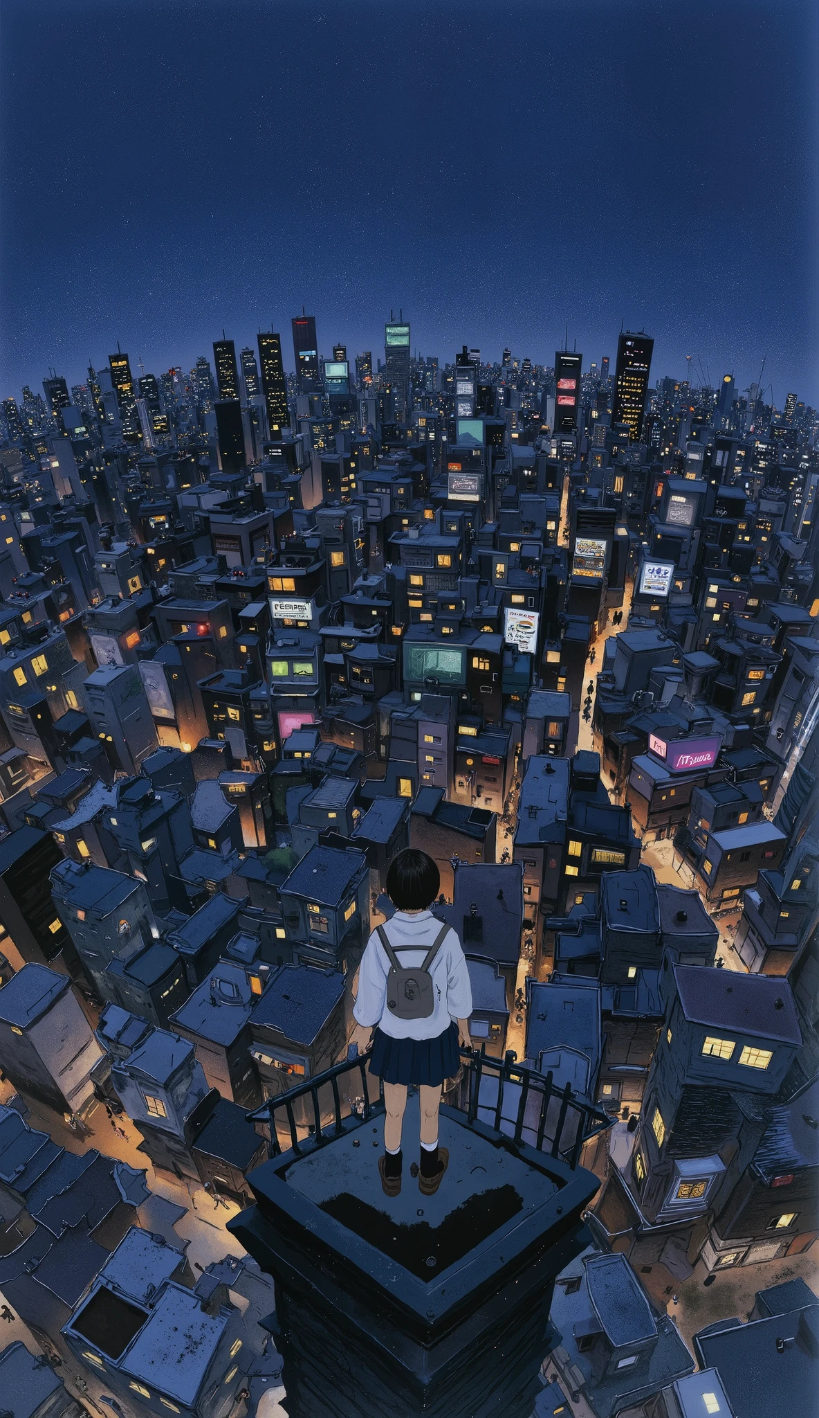 live-action、Genuine、 The cityscape of Osaka taken from a high place with a fisheye lens、It looks like a small planet、Osaka Castle、Night view with lights、A cute and beautiful Japanese girl is standing on top of a tower 、uniform、 viewers、illustration style