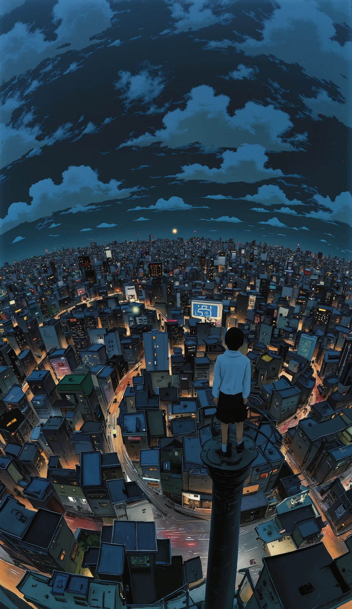 live-action、Genuine、 The cityscape of Osaka taken from a high place with a fisheye lens、It looks like a small planet、Osaka Castle、Night view with lights、A cute and beautiful Japanese girl is standing on top of a tower 、uniform、 viewers、illustration style