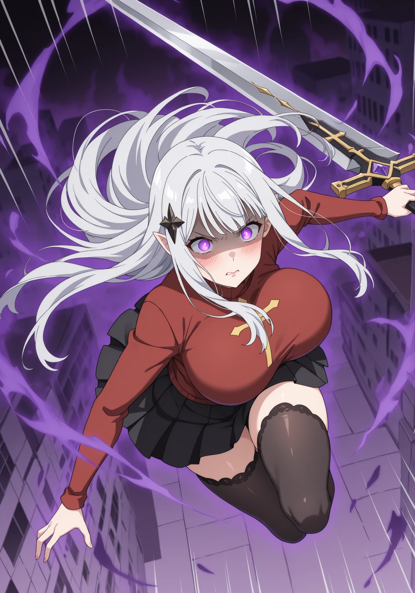 score_7_up, anime screencap, long dress, Satella, Solo Anime, 1girl, Mature Female, pointy ears, hair ornament, blush, long Hair, silver hair, lips, purple eyes, Sexy, outdoors , angry, torn clothes, shaded face, glowing eyes, full body, (red sweater, turtleneck, long sleeves, cross print, black skirt, pleated skirt, miniskirt, black thighhighs,) big breast, City, big breasts, sword design, huge sword, large sword, big sword, holding weapon, white background, dark aura, motion lines, speed lines, incoming attack,