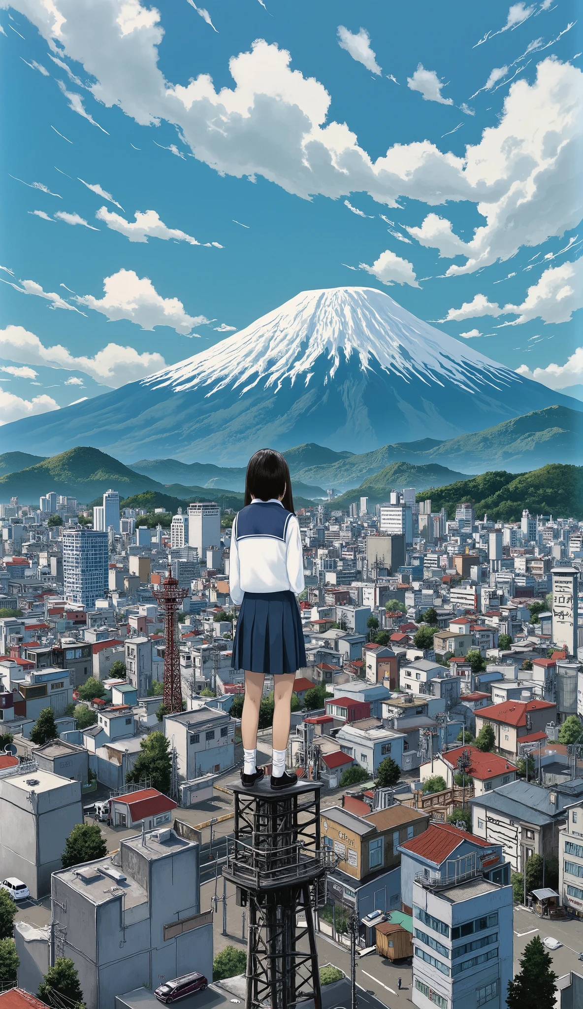 live-action、Genuine、 The cityscape of Toyama City taken from a height with a fisheye lens、It looks like a small planet、 Tateyama mountain range 、A cute and beautiful Japanese girl is standing on top of a tower 、uniform、 viewers