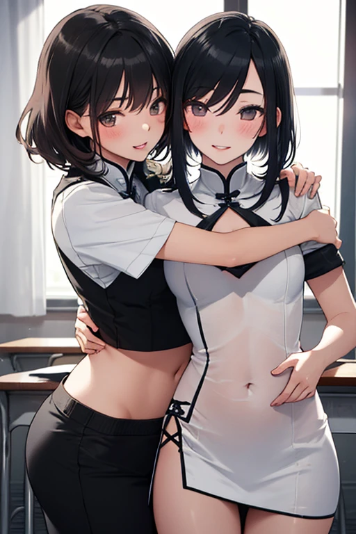 Beautiful sisters A little height difference mini skirt Black Hair hair band White panties Both sisters have beautiful breasts Both sisters are holding back tears.