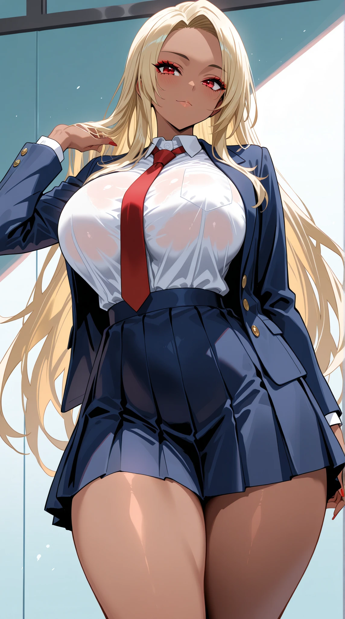 (best quality:1.5, highres, UHD, 4K, detailed lighting, shaders), white and yellow haired, gradient hair, large breasts, suit, gray shirt, social shirt, short skirt, mature woman , (pov), white background, colorful eyeshadow, dramatic lighting, sparkling eyes, sensual expression, golden earrings, flowing hair, delicate facial features, dark skin, high cheekbones, raining, urban setting, white background, dont look for the camera, lean forward, wet  by the rain.