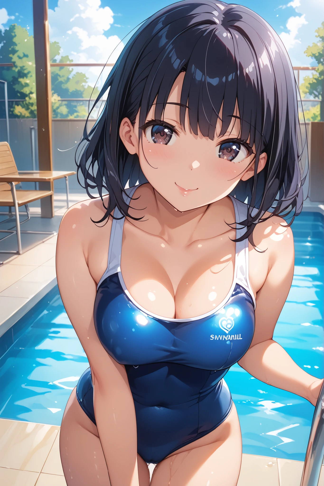 {Best Quality}, {very aesthetic}, {Ultra-detailed}, {Best Illustration}, nsfw, Naughty face, tits out, {nude}, School swim wear, Lots of love juice, Navy blue swimsuit, Japan Student Swimsuit, One Piece Swimsuit