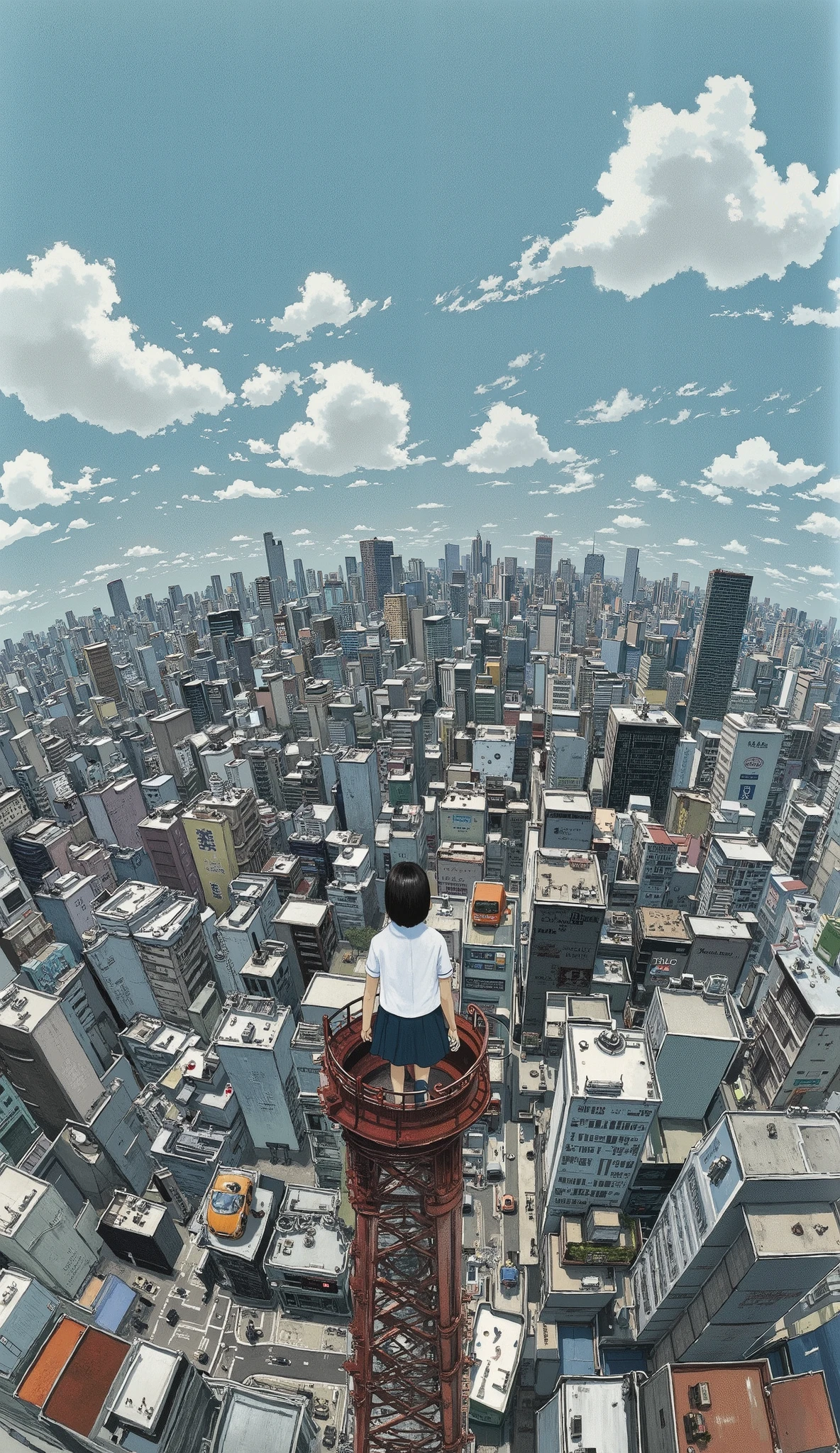 live-action、Genuine、 that looks like a small planet、The cityscape of Tokyo taken with a fisheye lens from a height、A cute and beautiful Japanese girl is standing on top of a tower 、uniform、 viewers、illustration style