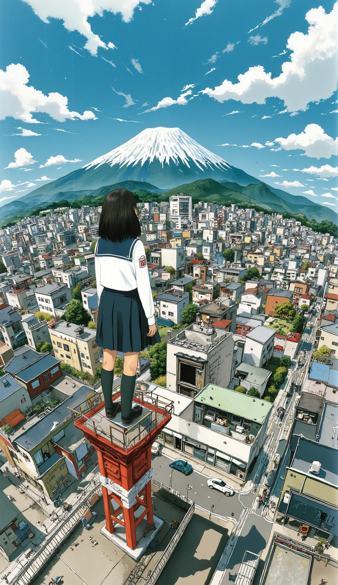 live-action、Genuine、 The cityscape of Toyama City taken from a height with a fisheye lens、It looks like a small planet、 Tateyama mountain range 、A cute and beautiful Japanese girl is standing on top of a tower 、uniform、 viewers、illustration style、