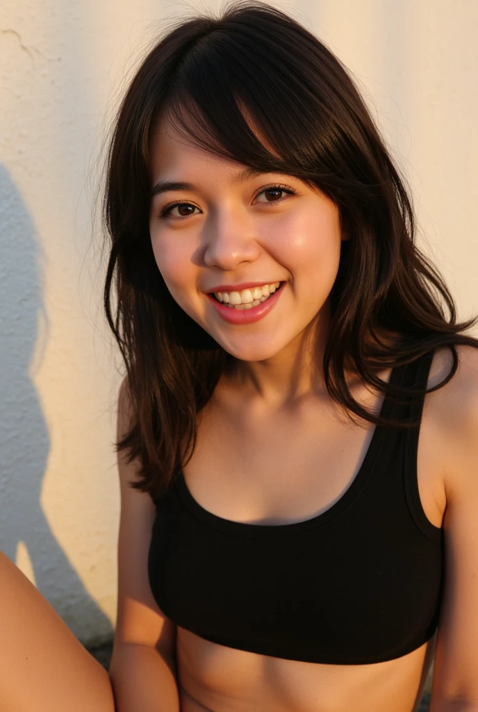 A girl scout with medium length black hair, children's pigtails hair, Caucasian facial structure, a beautiful smile on her face and a deep look, bare shoulders, she in a dark alley,