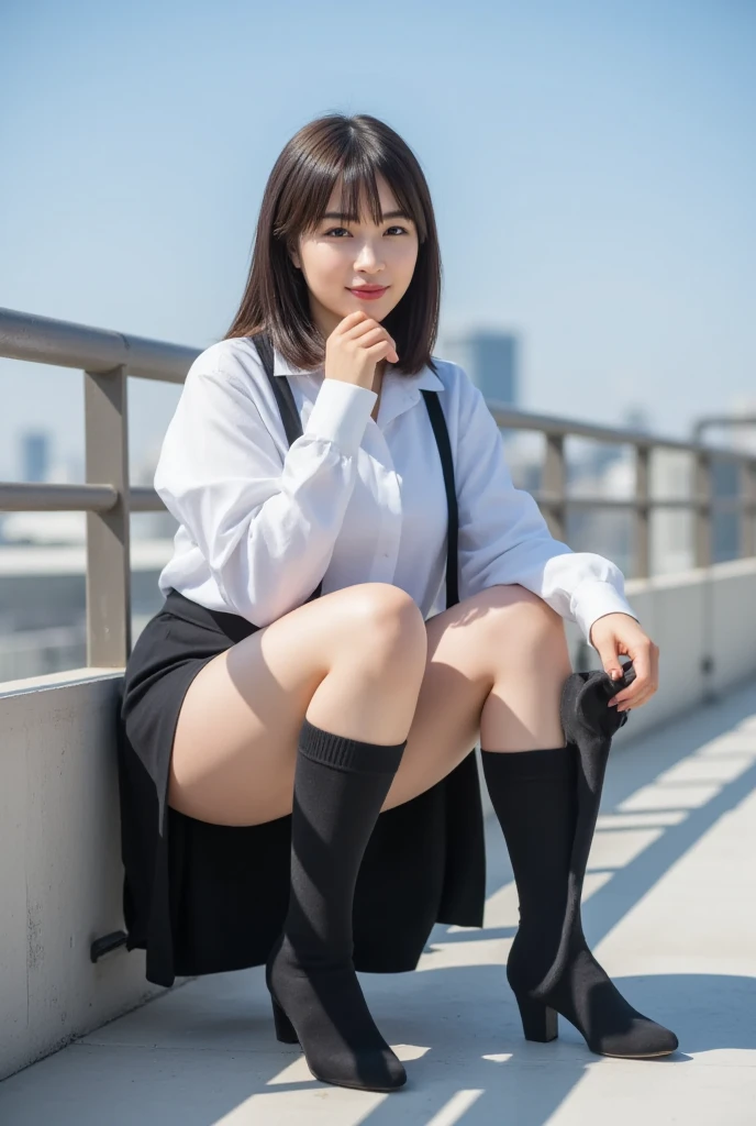 wide open legs、itting open legs、red blush、top-quality、hight resolution、ultra-detailliert、masterpiece、Raw photography、realisitic、Photorealsitic、extremely delicate and beautiful、finely detail、1womanl、Solo、(Super beautiful)、(beauitful face:1.5)、Clear pubic contours、Squatting、Spread your legs、(white panties:1.4)、(high-school uniform)、(Dark blue pleated skirt)、(Wear black loafers)、(Sidewalk in Shibuya at night)、Neon sign、(At SFW:1.1)