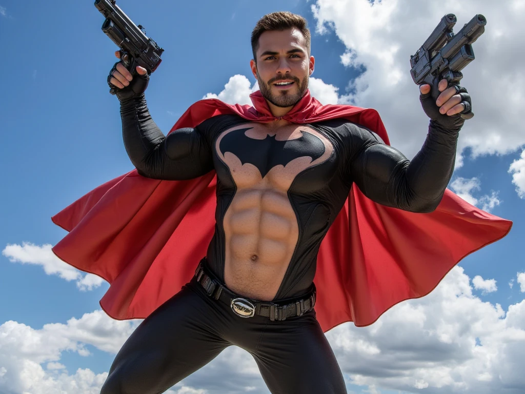 (Photorealism:1.2) (NSFW) A white skinned man, fit and slim body, lying in a pose simulating sexual activity on a balcony facing the sea, with a close-up capturing the realistic and hard penis inside the low-rise trunk underwear, wearing the official black batman mask and sensual and outgoing personality.