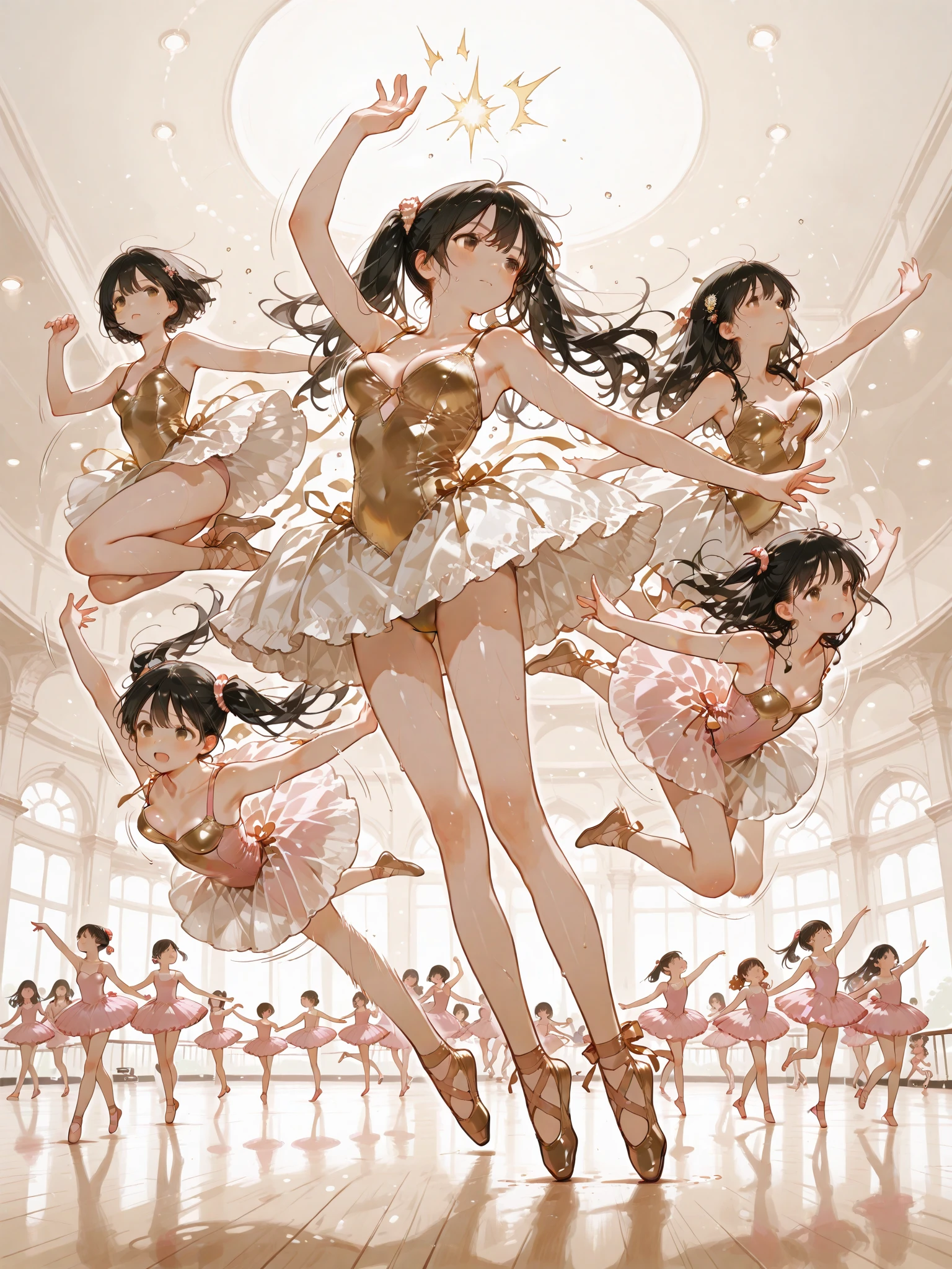 SFW, ExtremelyDetailed (((Kawaii Ballet Girls Group in a row:1.37))), Childish perfect face, Reflective Eyes, Detailed(Delicate Clothing textures), corrected hand, Dynamic Joyful Expressions LifeLike Rendering, (Specular Reflection:0.2), TopQuality 8K Ultra-detailed masterpiece (ProfessionalPhoto:1.37), (Acutance:0.8), (Luminism:1.28), ( Colorful Light particles:0.75), (Muscle:-0.5), facing away (from side ) (Clearly visible Beautiful hip shape)