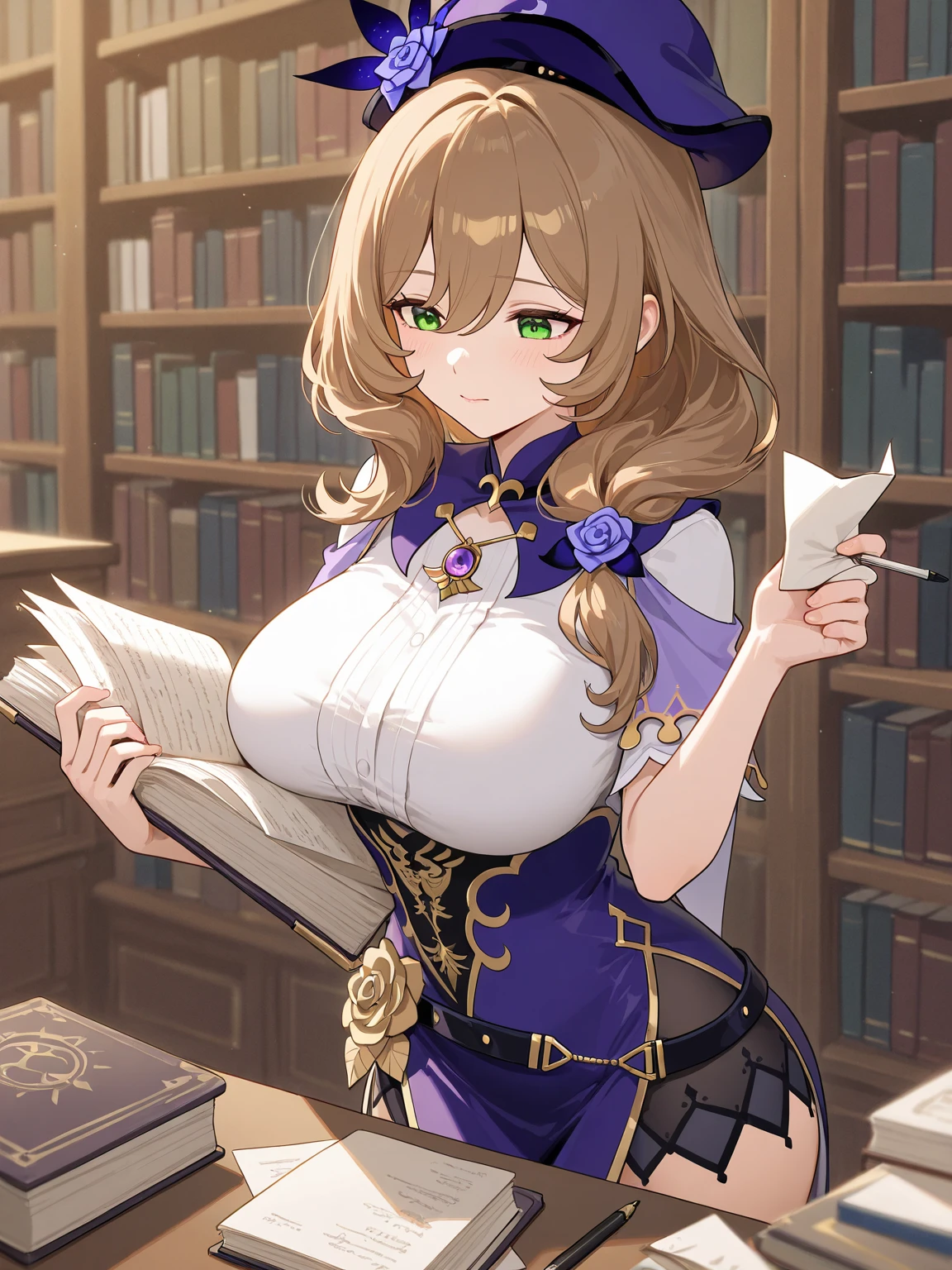 a young girl standing in a library, her hand on her chest, 1girl, beautiful detailed eyes, witch hat ,beautiful detailed lips, extremely detailed face, long eyelashes, intricate details, serene expression, natural lighting, warm color tones, (best quality,4k,8k,highres,masterpiece:1.2),ultra-detailed ,HDR, UHD, studio lighting, ultra-fine painting, sharp focus ,physically-based rendering, extreme detail description ,professional ,vivid colors ,bokeh, portraits