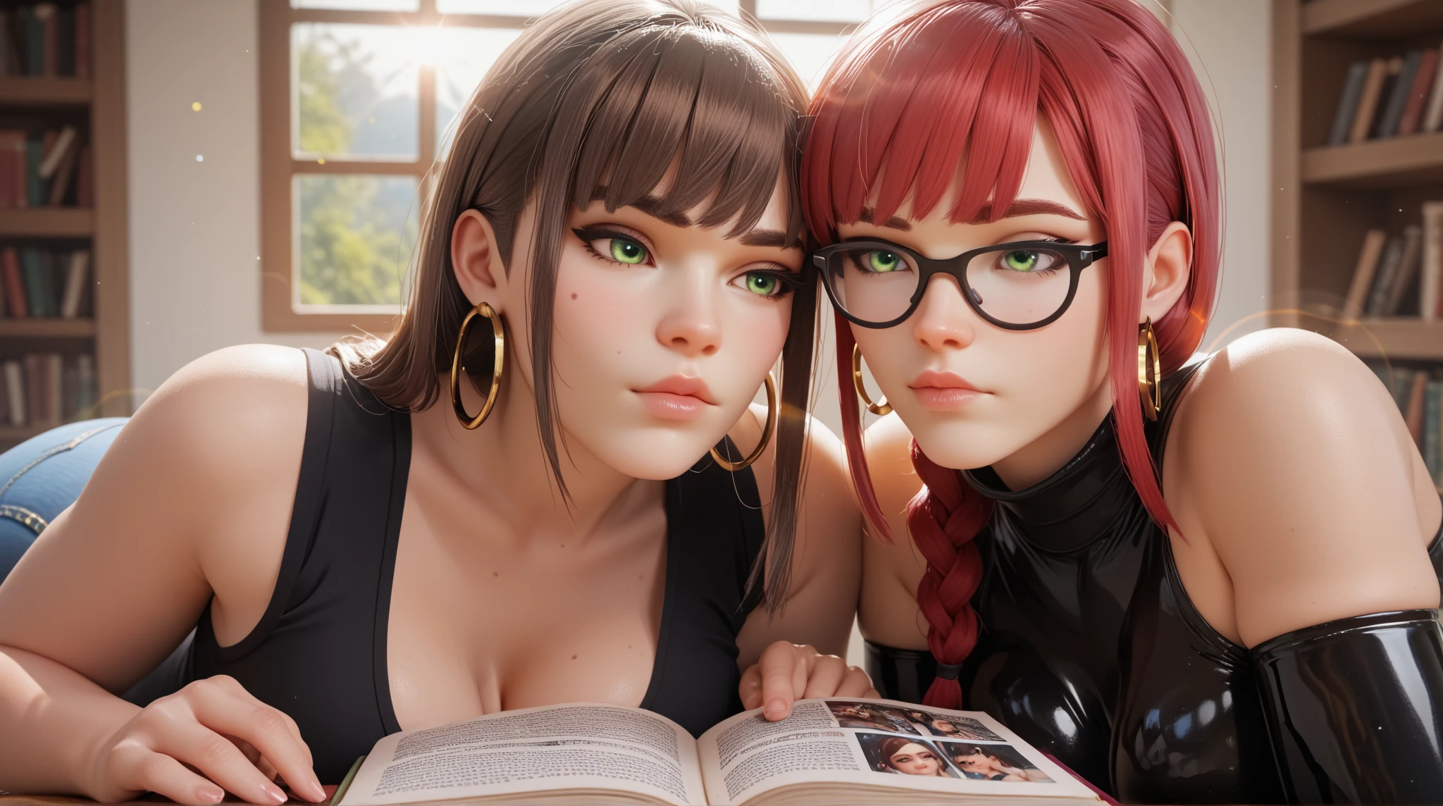Chinese Idol Metallic purple competition swimsuit Purple hair eye glass Sitting on a desk in a classroom A MILF sexy smiling bbw large boob full of sweat Copious sweat flows sweaty and shiny skin Sexy actress Red Rouge plump lips Only one person Portrait