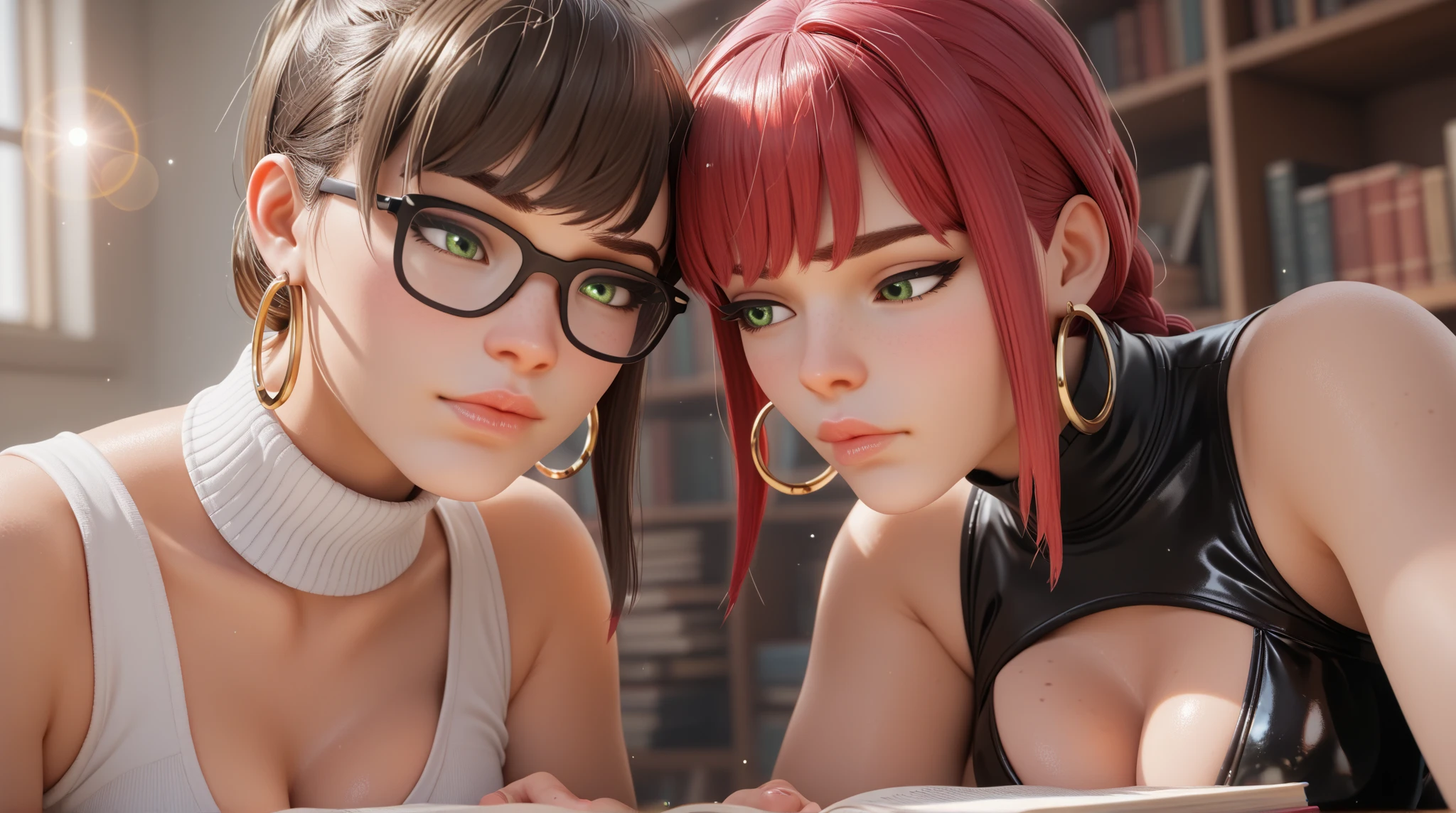2 women with short hair falling into strands with tip at the end, one woman with pink hair and the other with white hair, (black tank top: 1.2), (black broken shorts: 1.2), fishnet stockings, thigh high stockings, yellow eyes, glasses, carabaas, pendants, (big tits: 1.5), large hips, (abraso), (looking at camera), without panties, makeup, (2 girls), best quality, masterpiece, (realistic: 1.2), young women, detailed face, detailed eyes, detailed hair, detailed skin, dramatic, vibrant, sharp focus, 50mm, F1.2, EOS R8, (3/4 body: 1.2), standing, (complex background: 1.6), (Best quality details: 1.2), 8K High definition, 2 girls hugging each other looking at the camera with a small smile on their face, (small smile), (view from above: 1.5), (sit on floor), (sitt on floor), top view, (view from above) thick white liquid splashed on the girls' bodies and on the floor,
