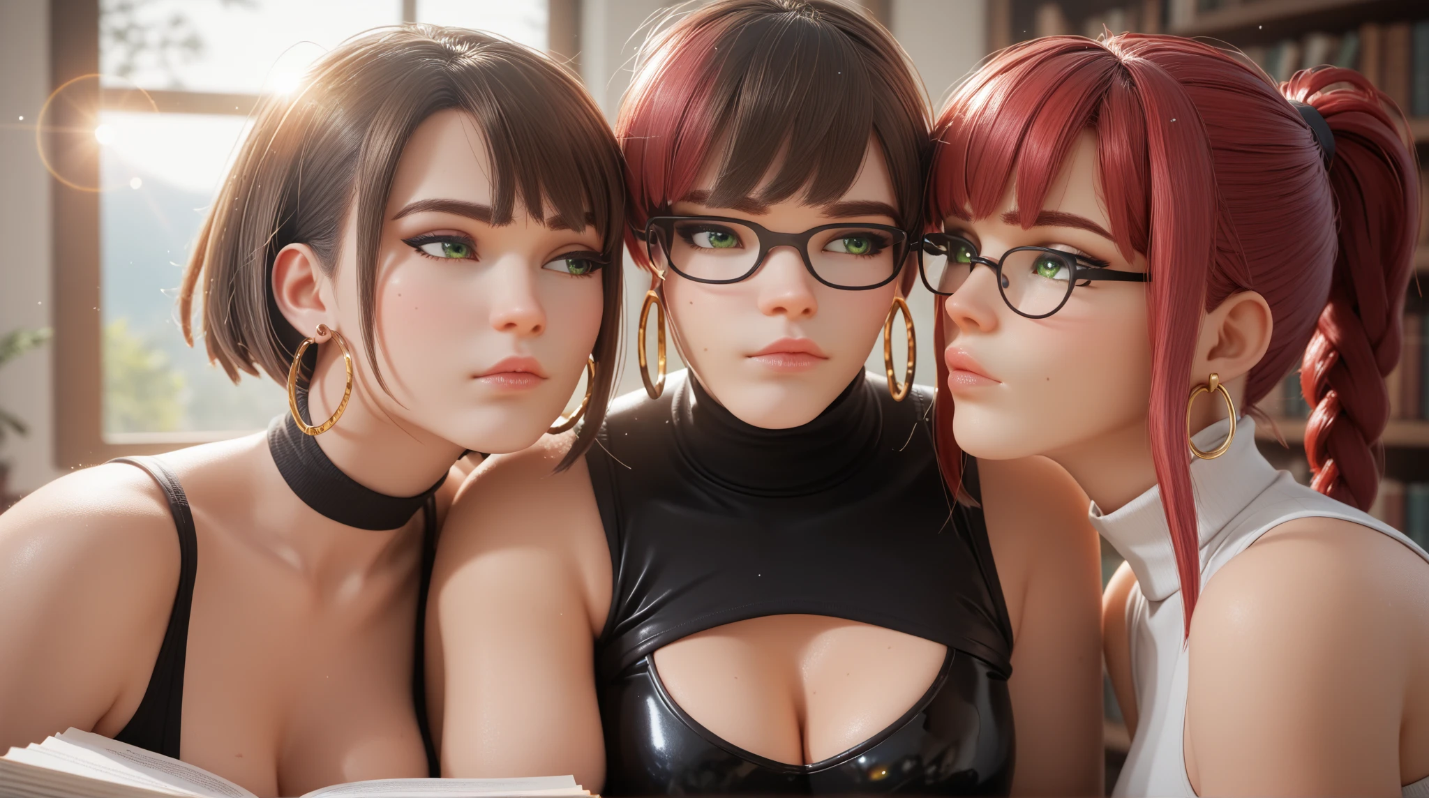 three girls, masterpiece,best qualtiy,hdr, hyper HD, 8K,Bokeh,Ultra-fine painting,Sharp focus,Physically-based rendering,Extreme detail description,portraitures,full-body photo,back turned at viewer, (shag hair), Sexy smile, choker, sexy glasses, (latex suit:1.2), (in sunset light:1.2), (kissing:1.2), perfect eyes, perfect hands, perfect body, perfect hair, (Big breasts:1.5), (EOS R8, 50 millimeters, F1.2, 8K, RAW photo:1.2), photograph by arny freytag