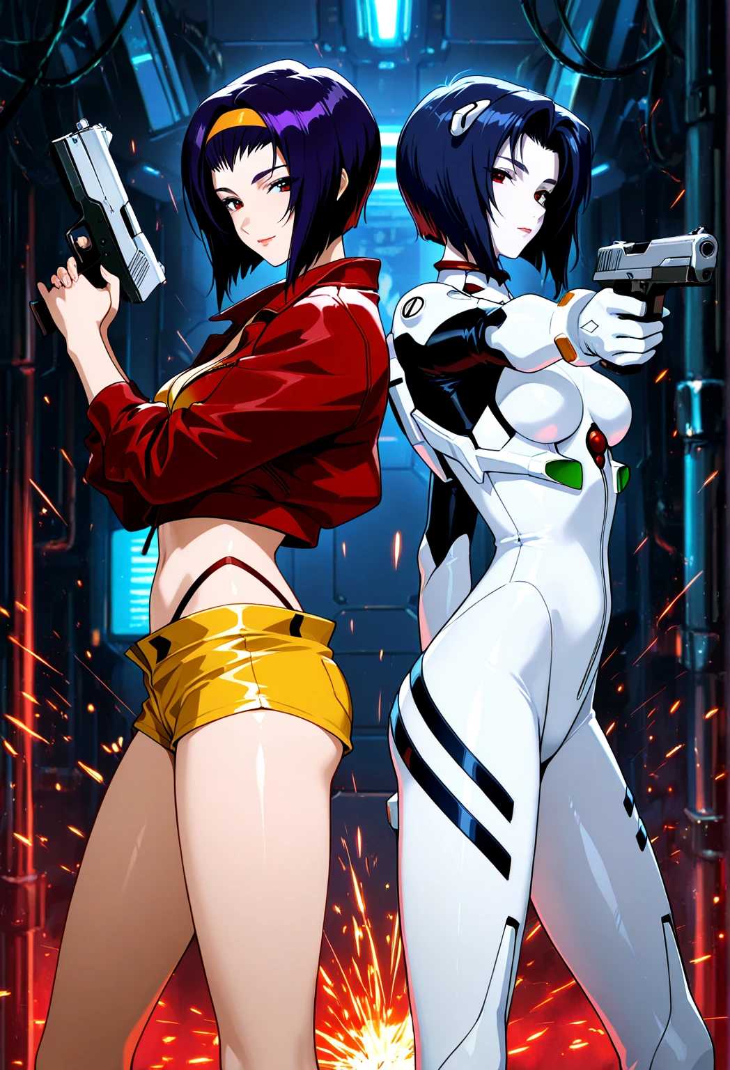 A closeup of a woman wearing uniform with coat and some other poses, front side and back poses, cutesexyrobutts, woman with short hair, detailed pupils, indirect lighting, pale skin, pointed ears, muscular!, fit body, gynoid body, perfect body, fit body, abdomen, large breasts, chubby butt, prancing ass, prancing butt, full body concept art, detailed full-body concept art, Style by Yusuke Murata, Ilya Kuvshinov, Oppai proportions, official character art, uniform, full body concept, (best quality, masterpiece) a cute chibi girl,
